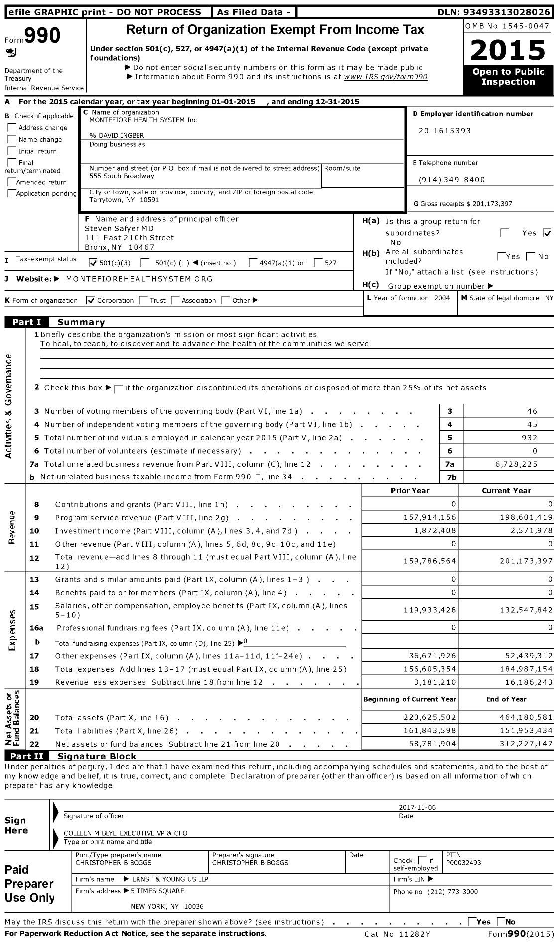 Image of first page of 2015 Form 990 for Montefiore Health System (MHS)