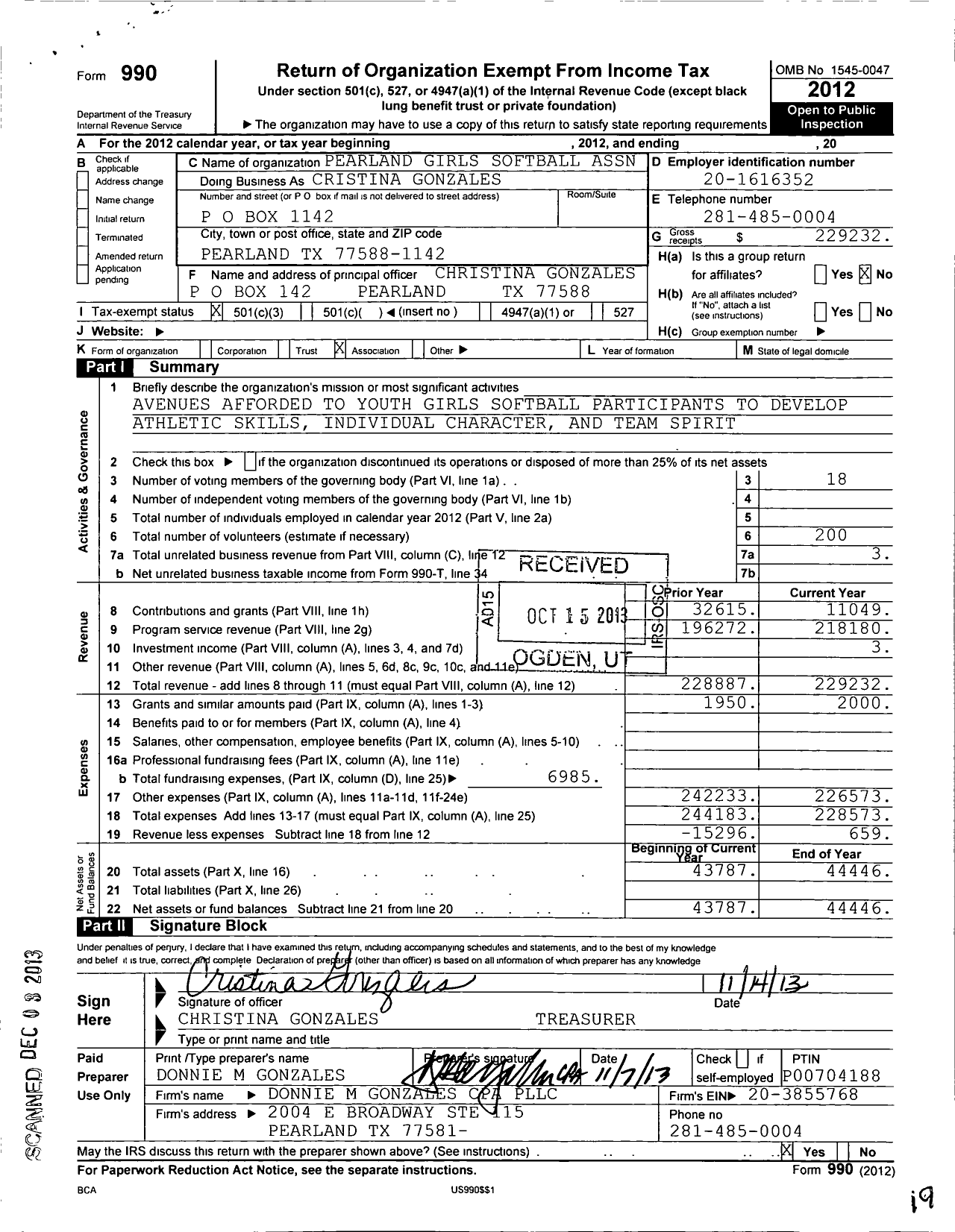 Image of first page of 2012 Form 990 for Pearland Girls Softball Association