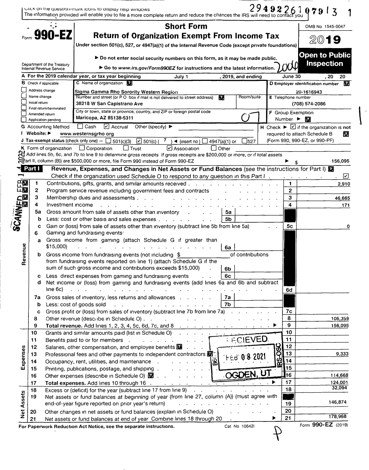 Image of first page of 2019 Form 990EO for Sigma Gamma Rho Sorority Western Region