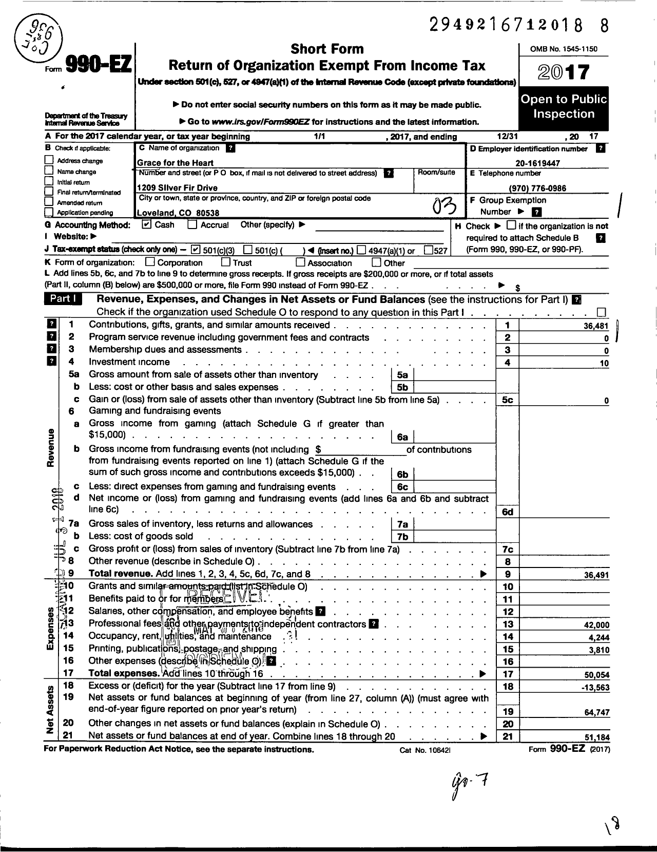 Image of first page of 2017 Form 990EZ for Grace for the Heart