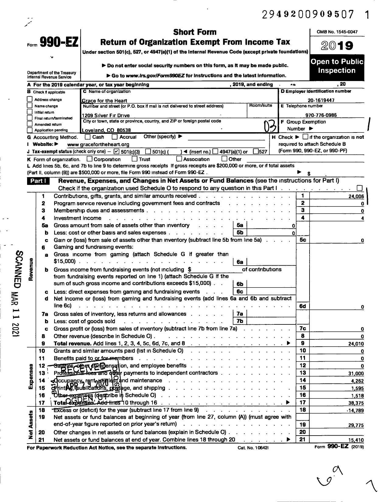 Image of first page of 2019 Form 990EZ for Grace for the Heart