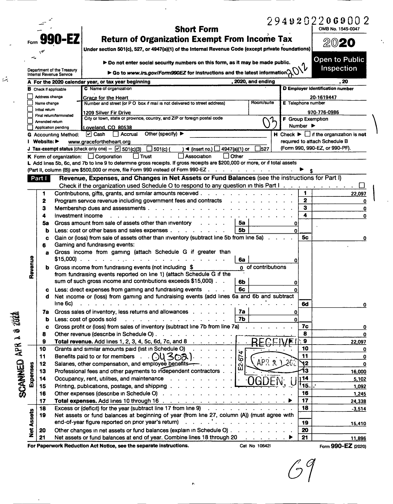 Image of first page of 2020 Form 990EZ for Grace for the Heart