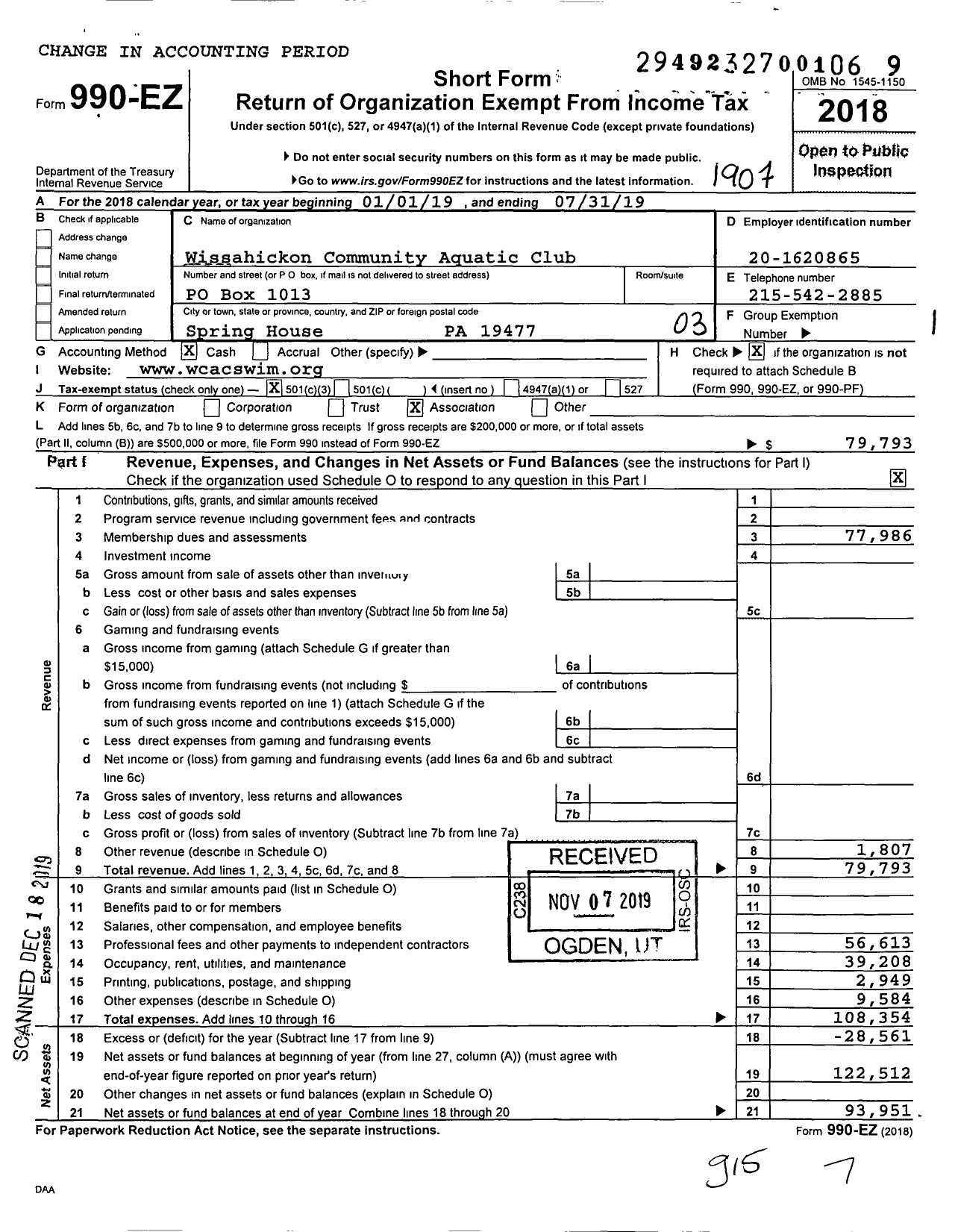 Image of first page of 2018 Form 990EZ for Wissahickon Community Aquatic Club