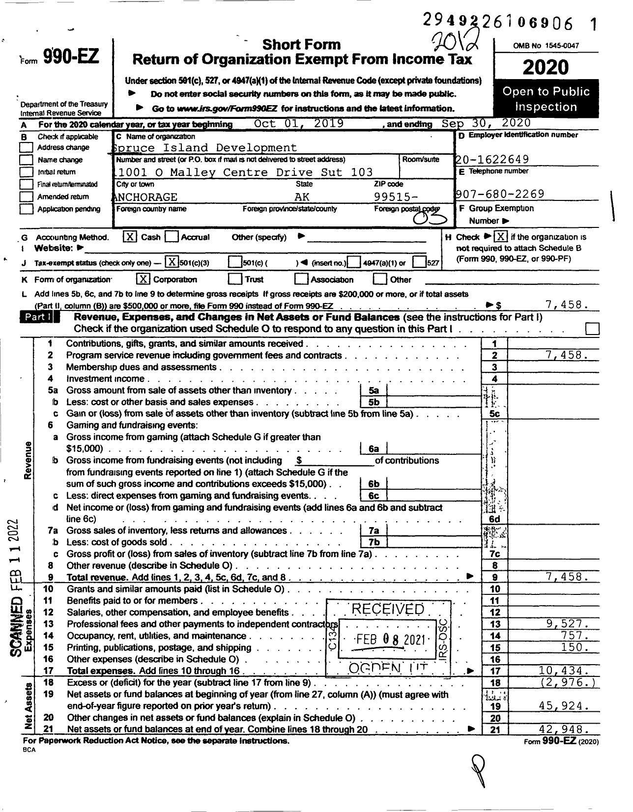 Image of first page of 2020 Form 990EZ for Spruce Island Development Corporation (SIDCO)