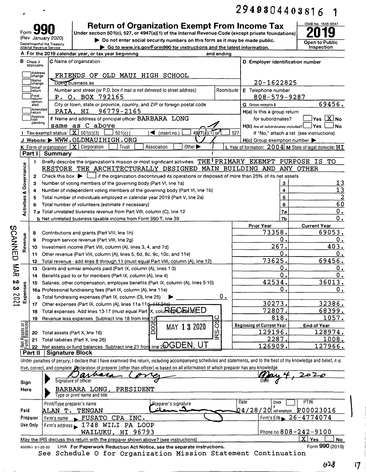 Image of first page of 2019 Form 990 for Friends of Old Maui High School