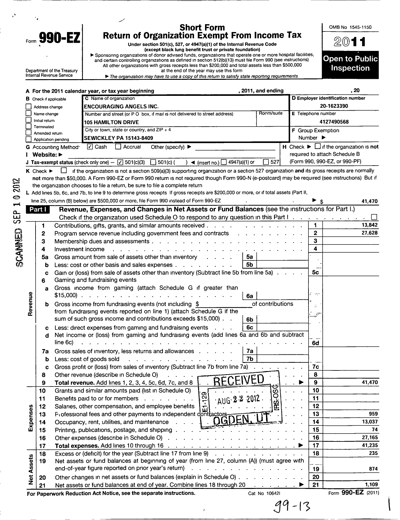 Image of first page of 2011 Form 990EZ for Encouraging Angels