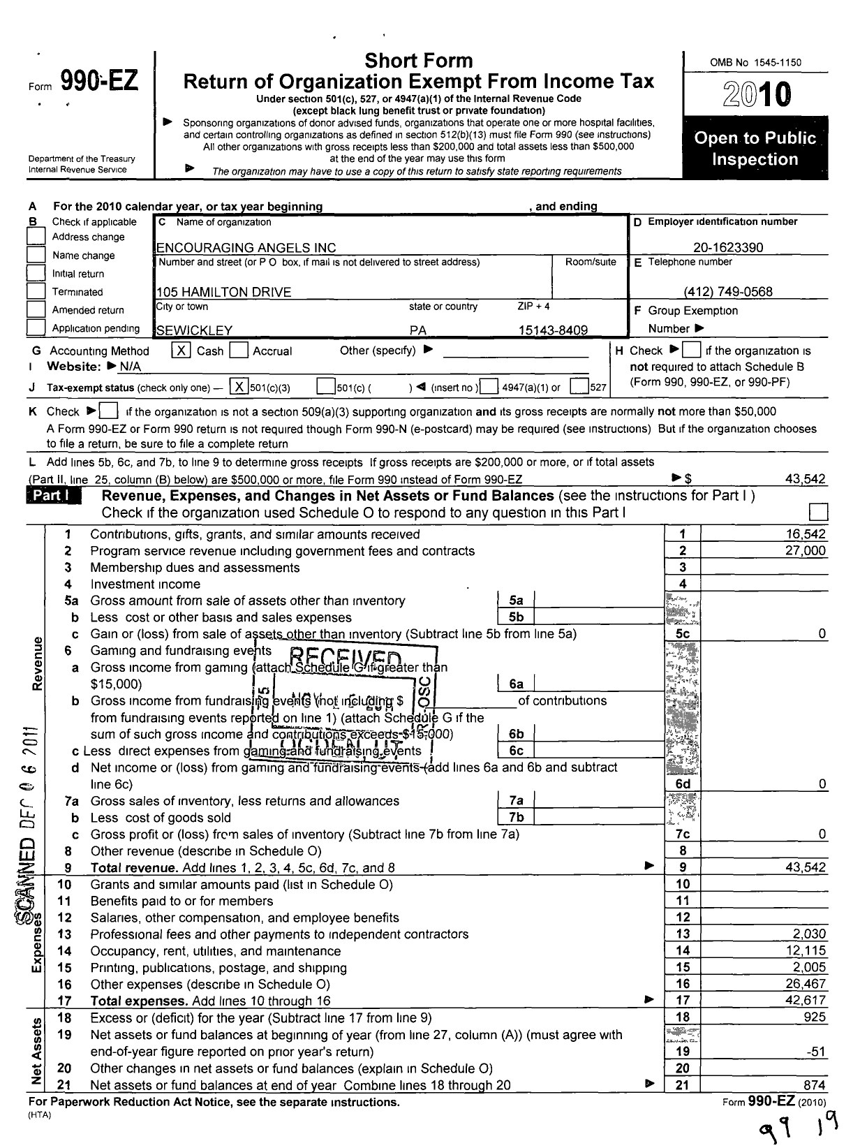 Image of first page of 2010 Form 990EZ for Encouraging Angels