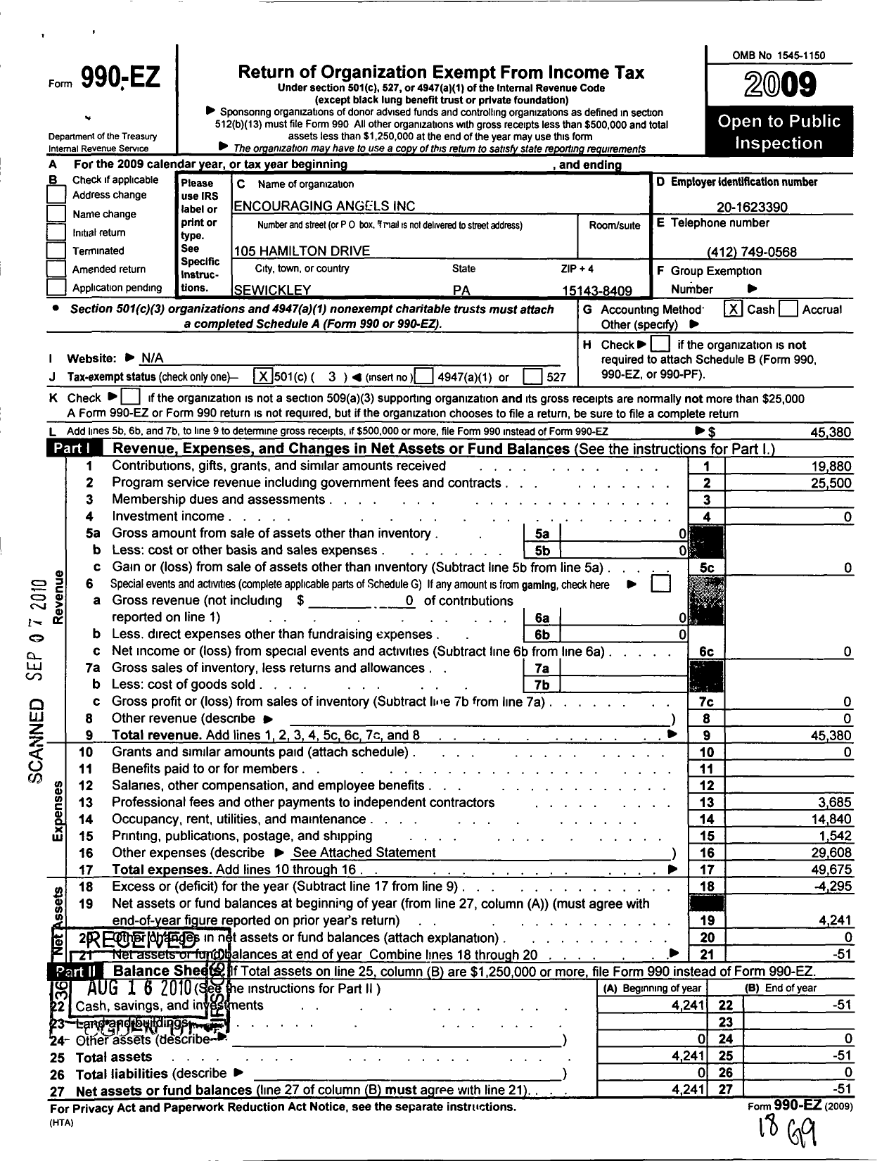 Image of first page of 2009 Form 990EZ for Encouraging Angels