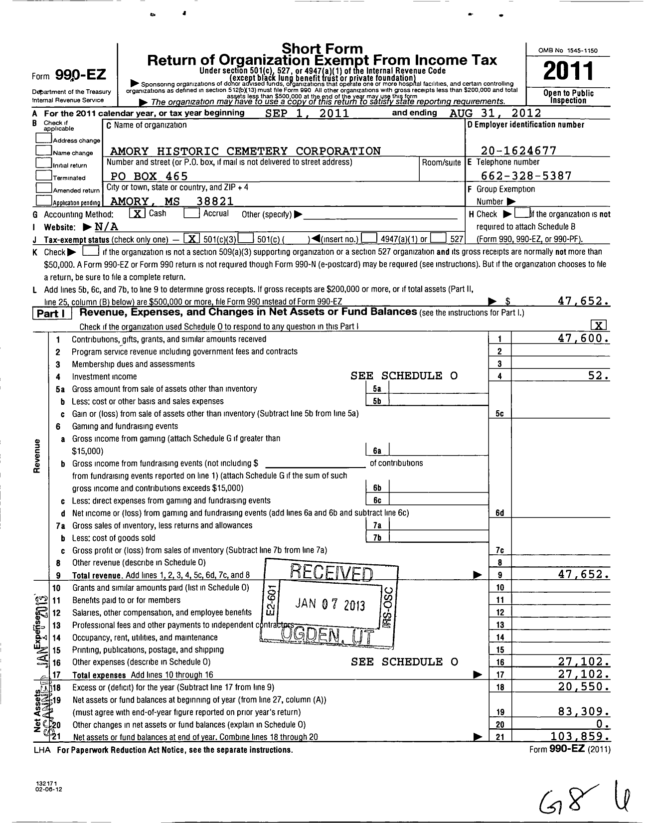 Image of first page of 2011 Form 990EZ for Amory Historic Cemetery Corporation