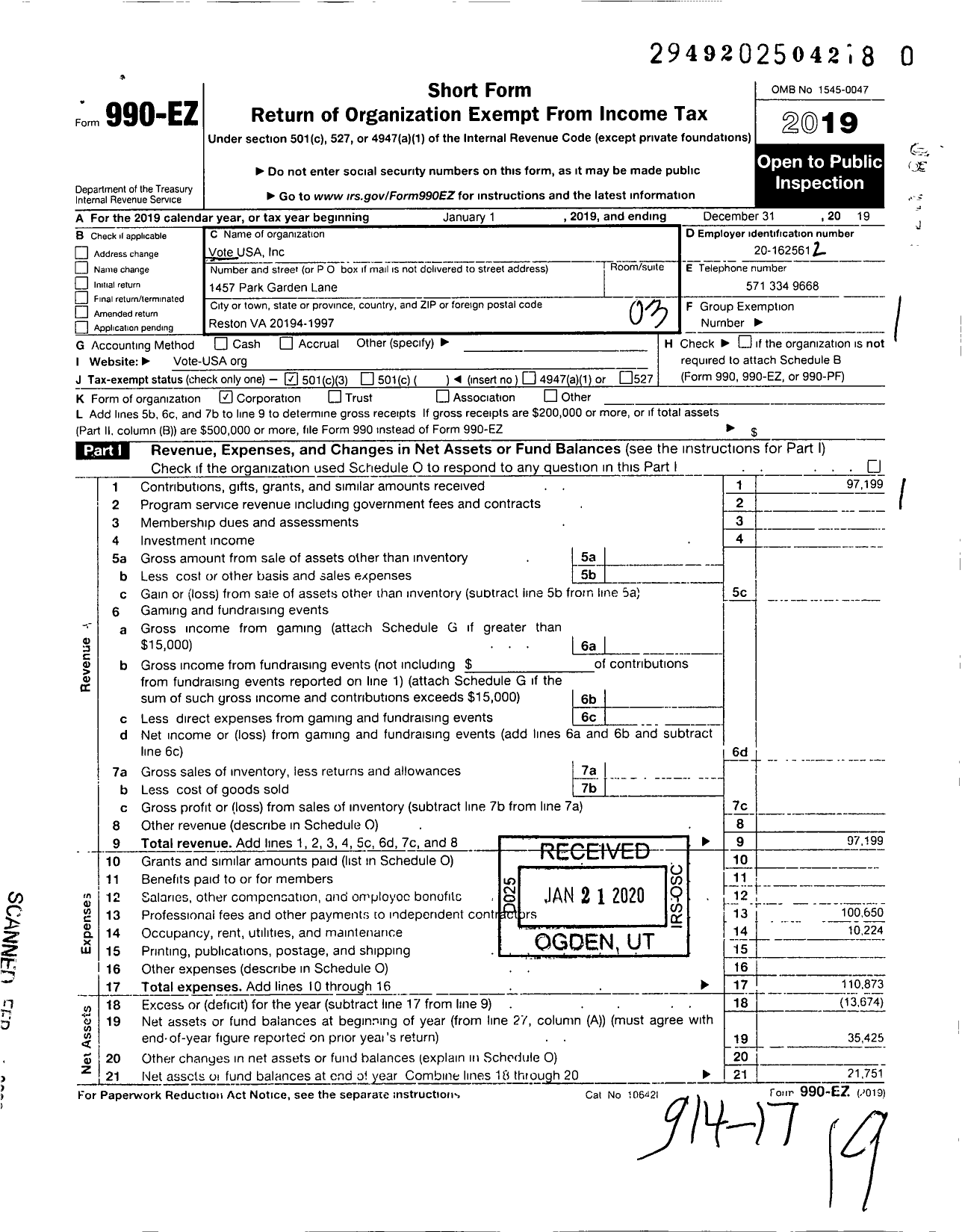 Image of first page of 2019 Form 990EZ for Vote-Usa