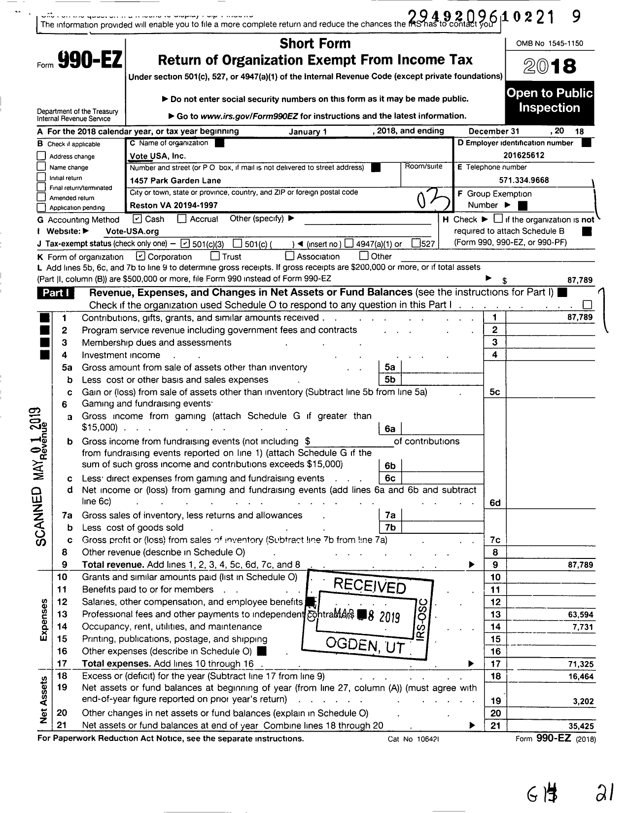 Image of first page of 2018 Form 990EZ for Vote-Usa