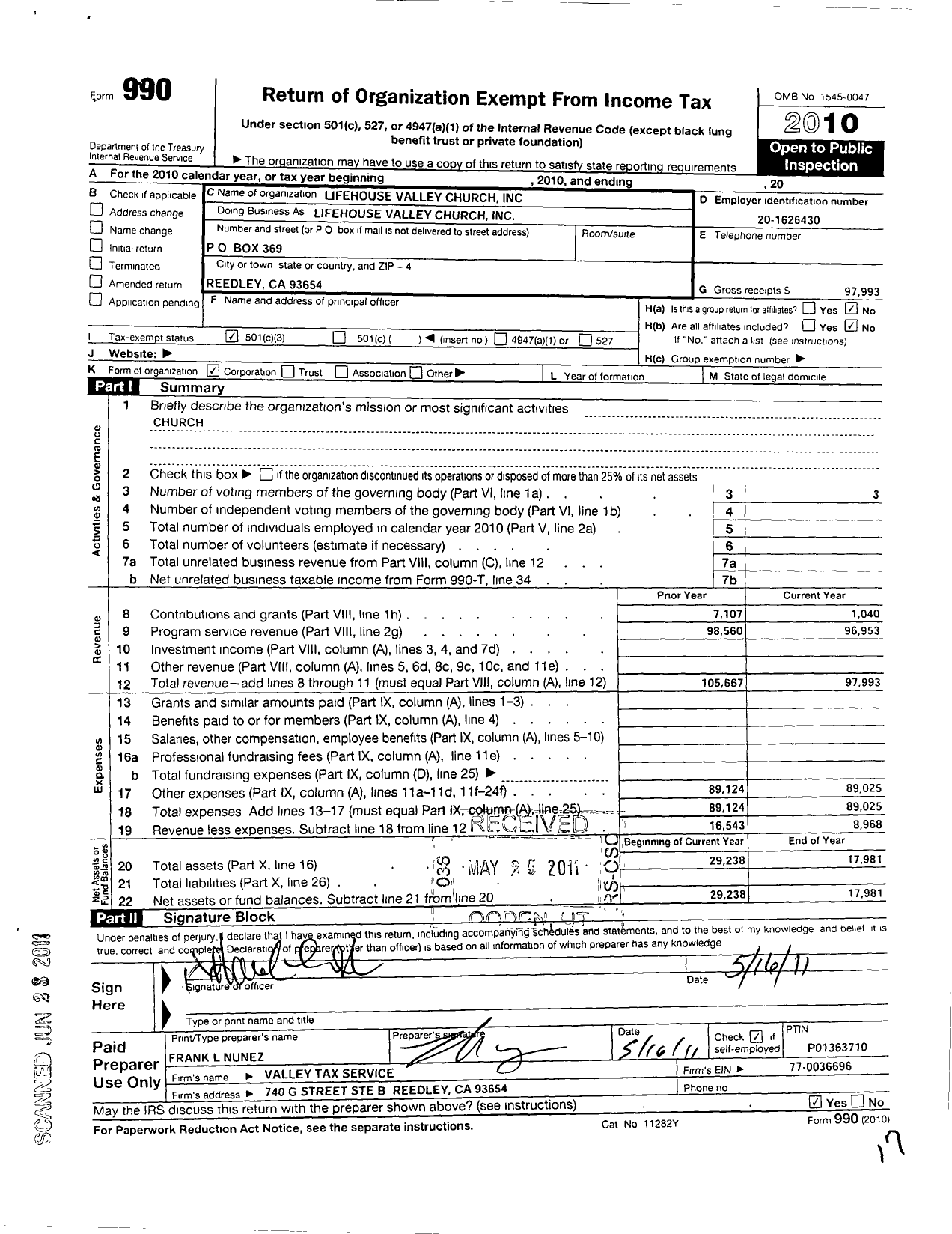 Image of first page of 2010 Form 990 for Lifehouse Valley Church
