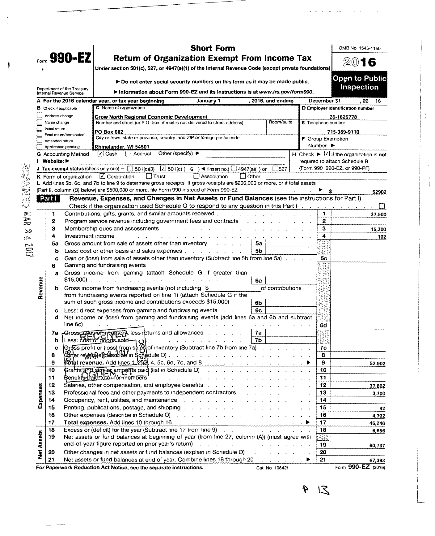 Image of first page of 2016 Form 990EO for Grow North Regional Economic Development Corporation