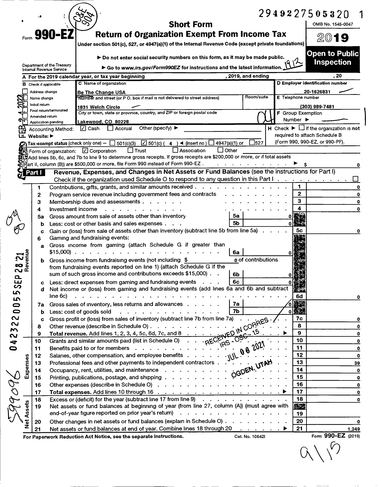 Image of first page of 2019 Form 990EO for Be the Change USA