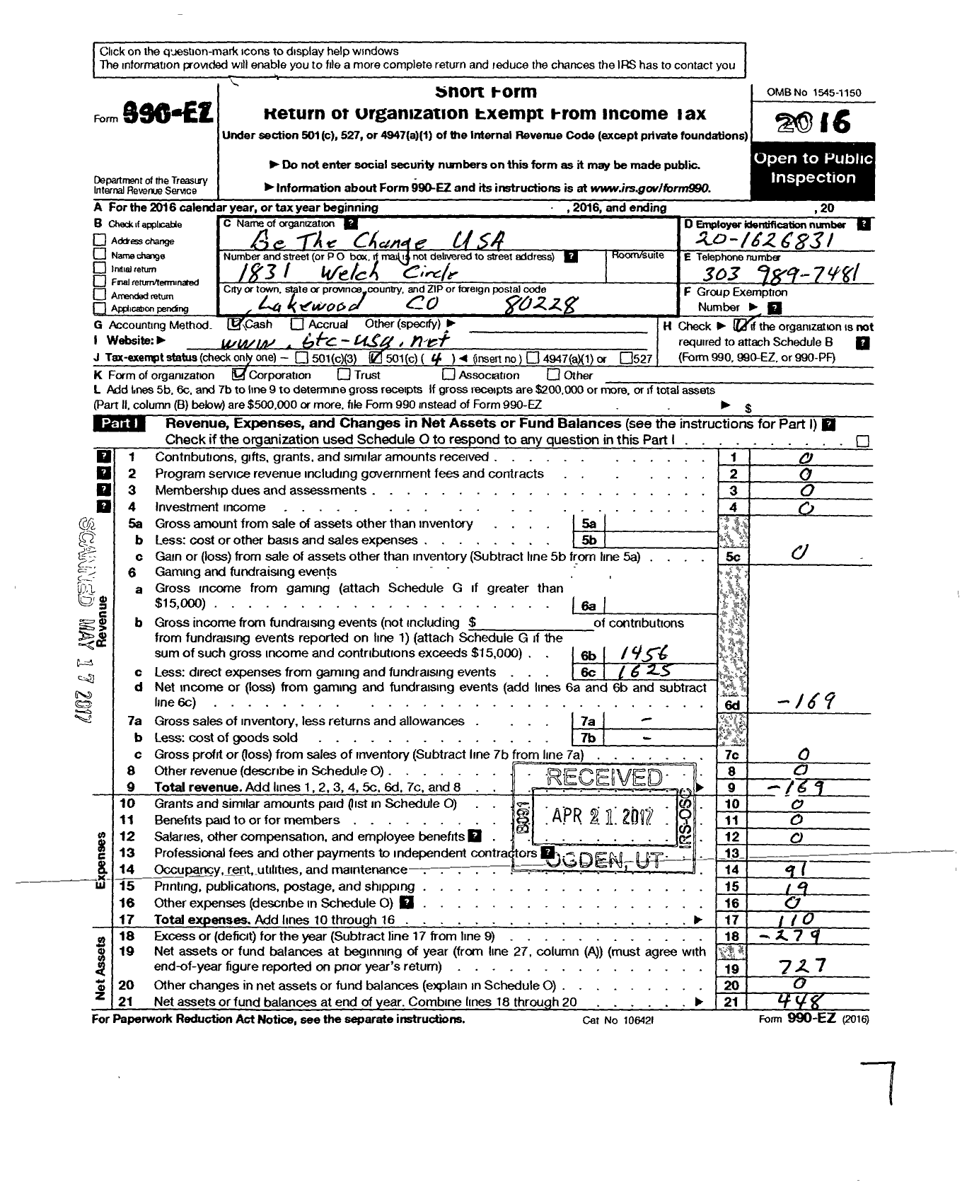 Image of first page of 2016 Form 990EO for Be the Change USA