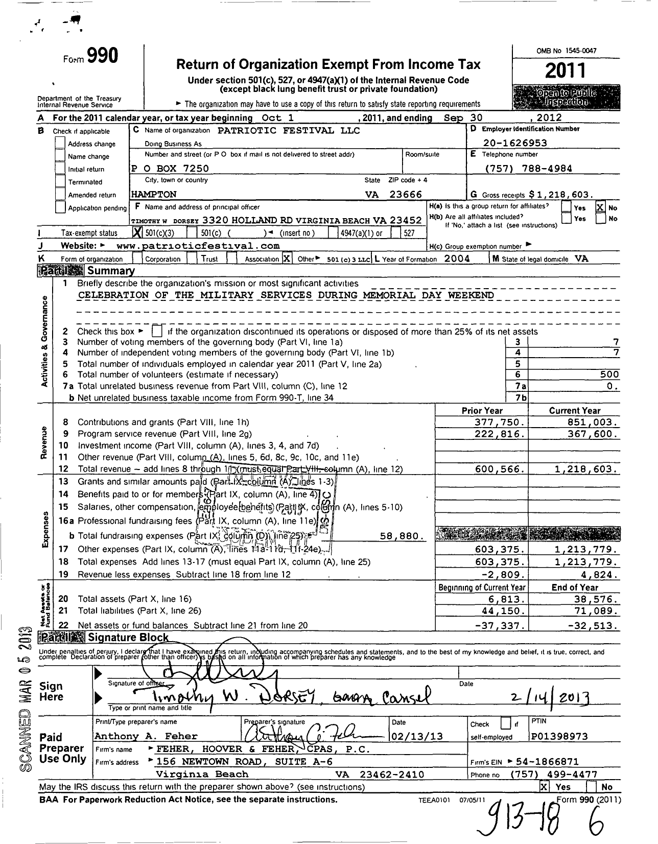 Image of first page of 2011 Form 990 for Patriotic Festival LLC