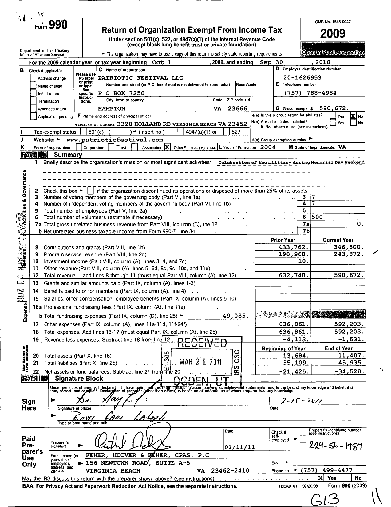 Image of first page of 2009 Form 990O for Patriotic Festival LLC