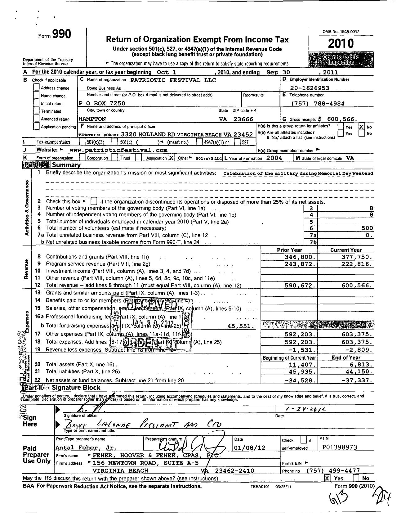 Image of first page of 2010 Form 990O for Patriotic Festival LLC