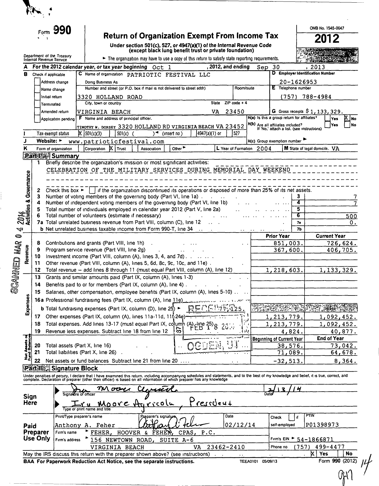 Image of first page of 2012 Form 990 for Patriotic Festival LLC
