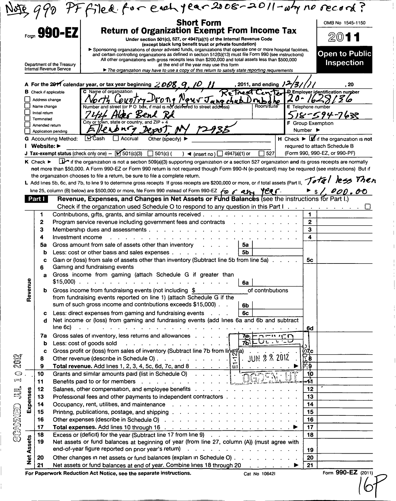 Image of first page of 2011 Form 990EZ for North Country Drong Ngur Jangchub Drubdhe Retreqt Center