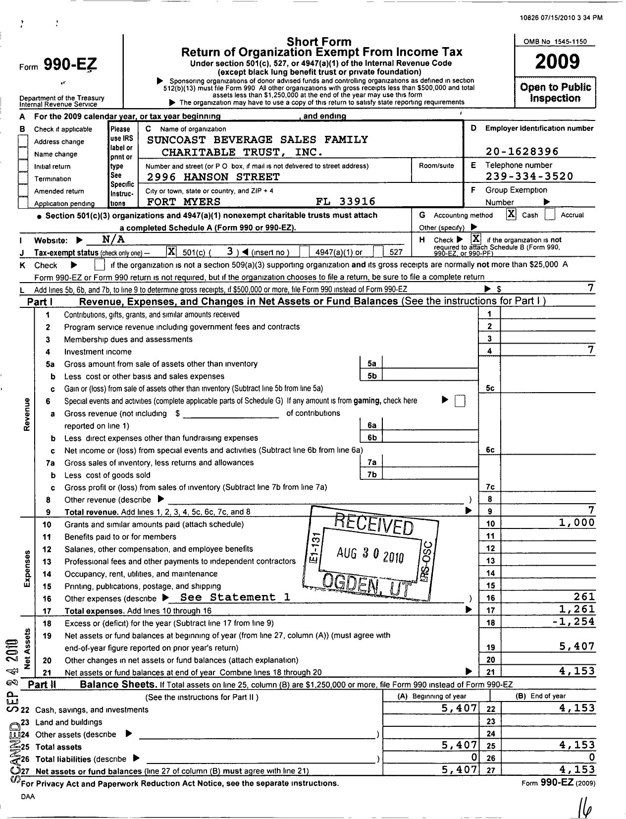 Image of first page of 2009 Form 990EZ for Suncoast Beverage Sales Family Charitable Trust