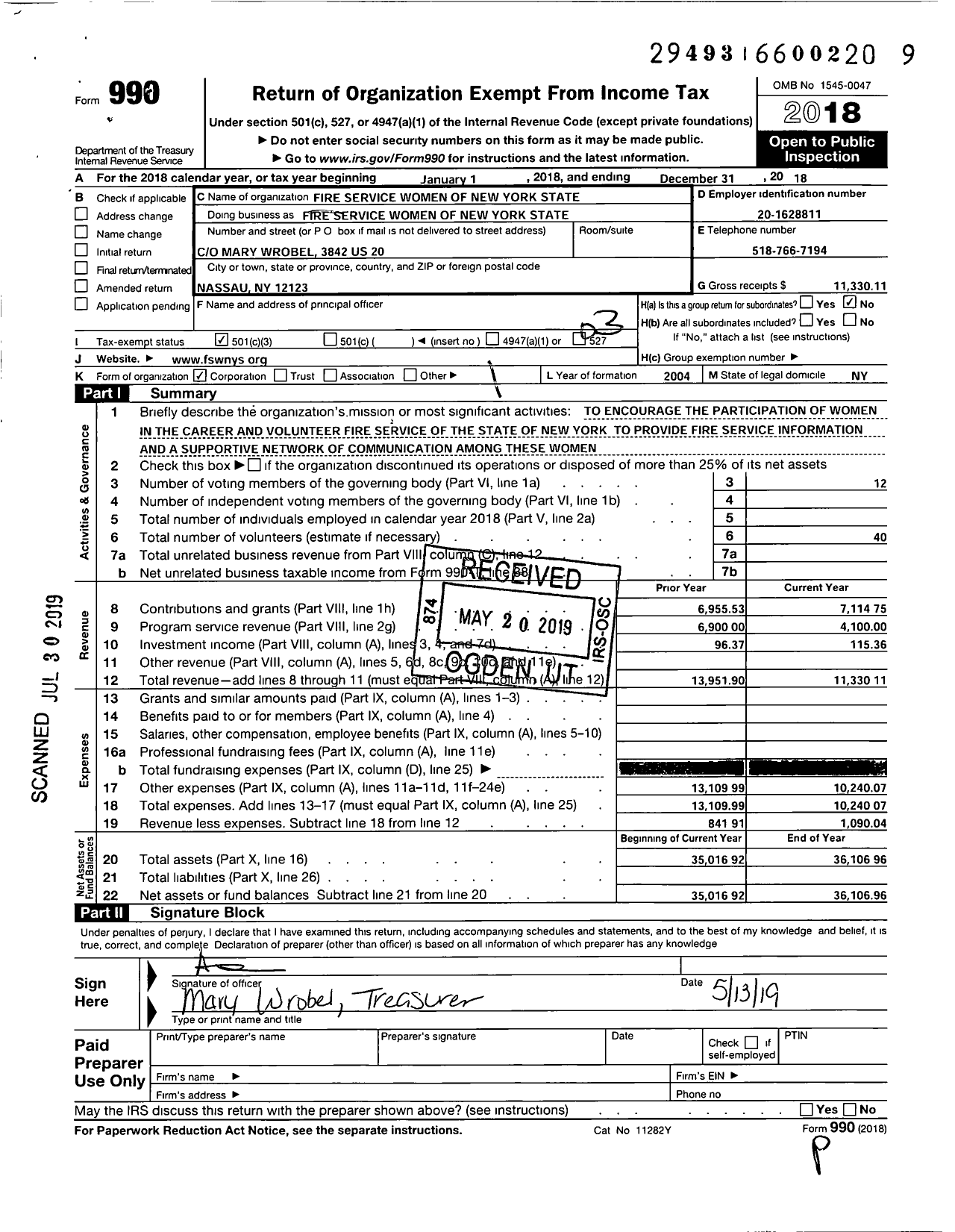 Image of first page of 2018 Form 990 for Fire Service Women of New York State