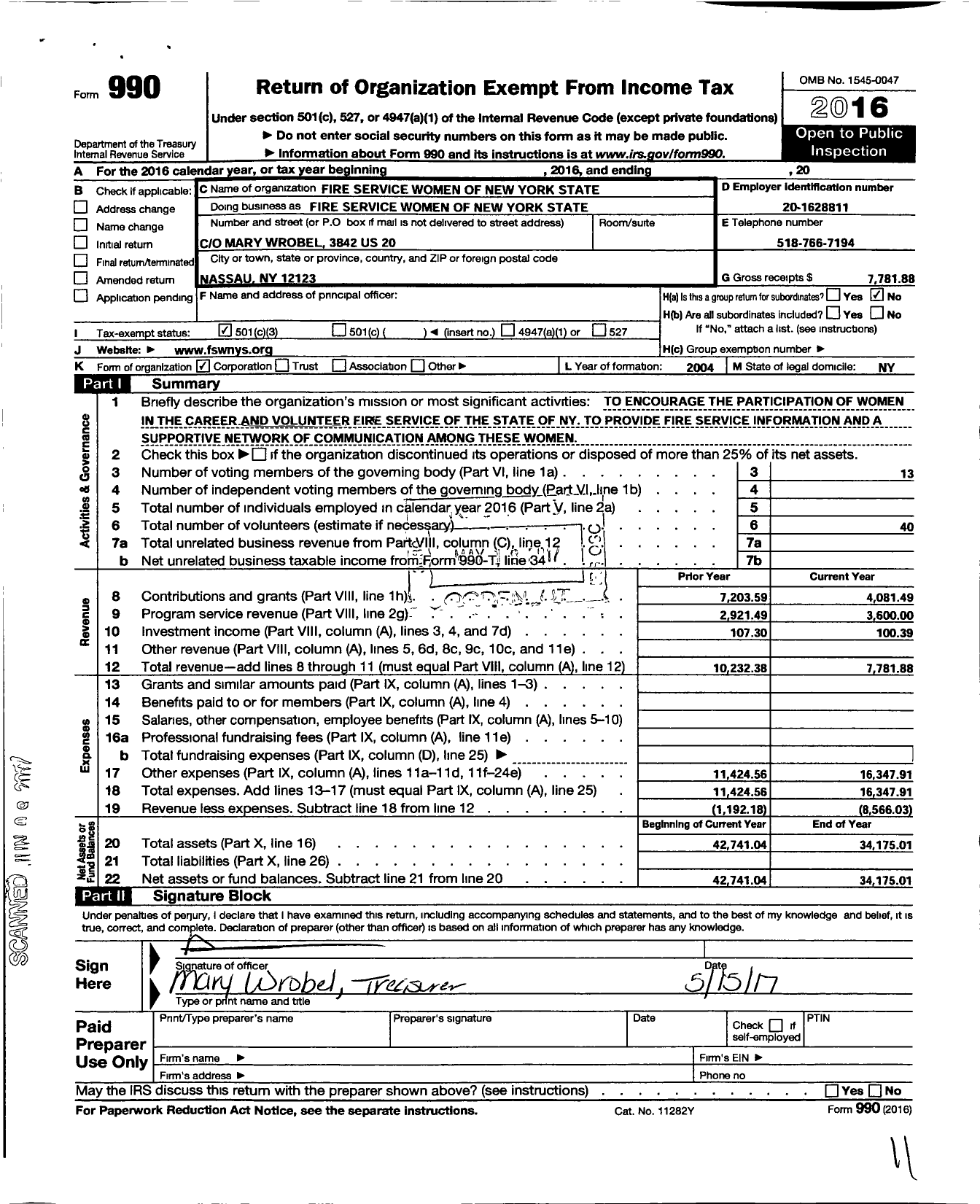 Image of first page of 2016 Form 990 for Fire Service Women of New York State