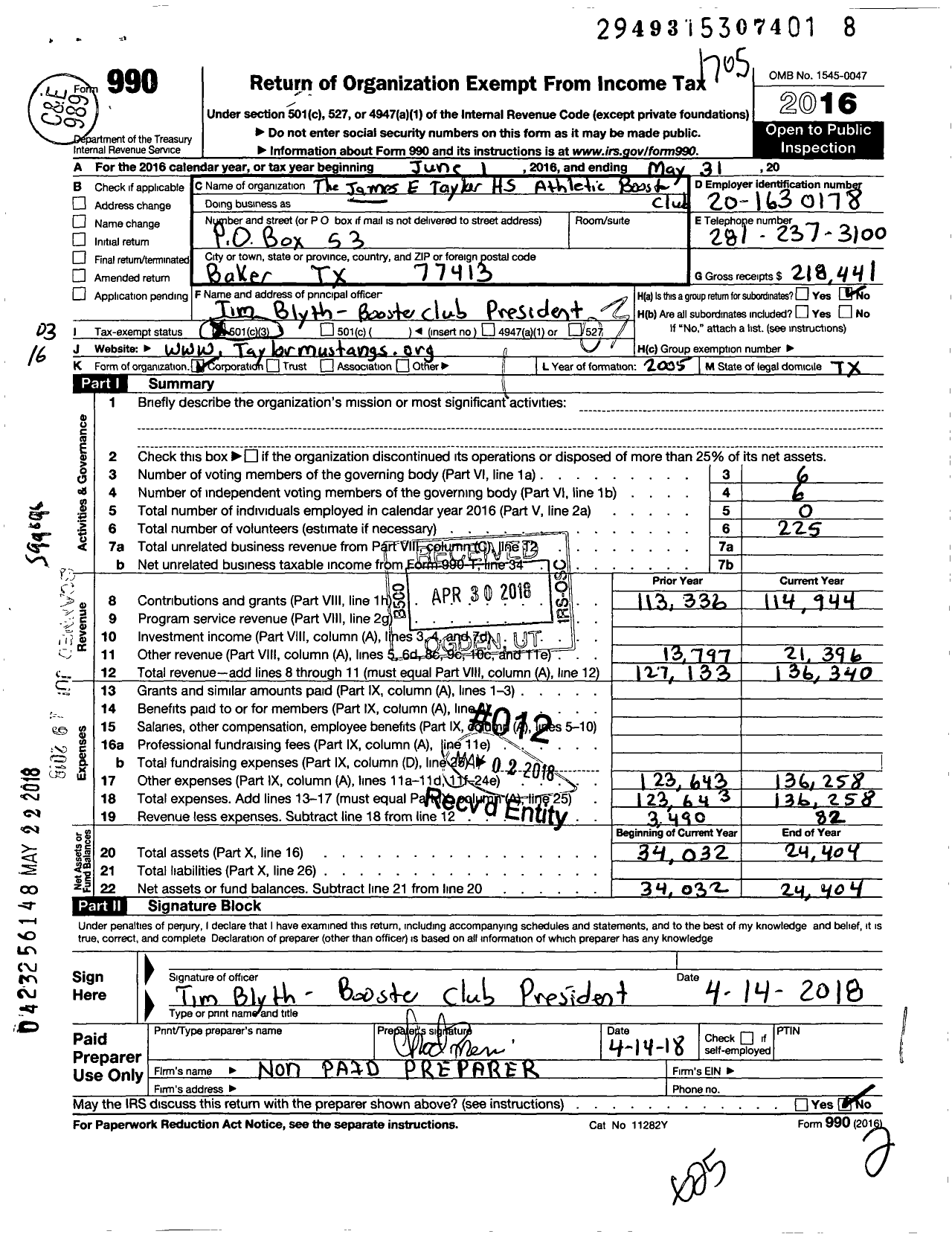 Image of first page of 2016 Form 990 for The James E Taylor High School Athletic Booster Club