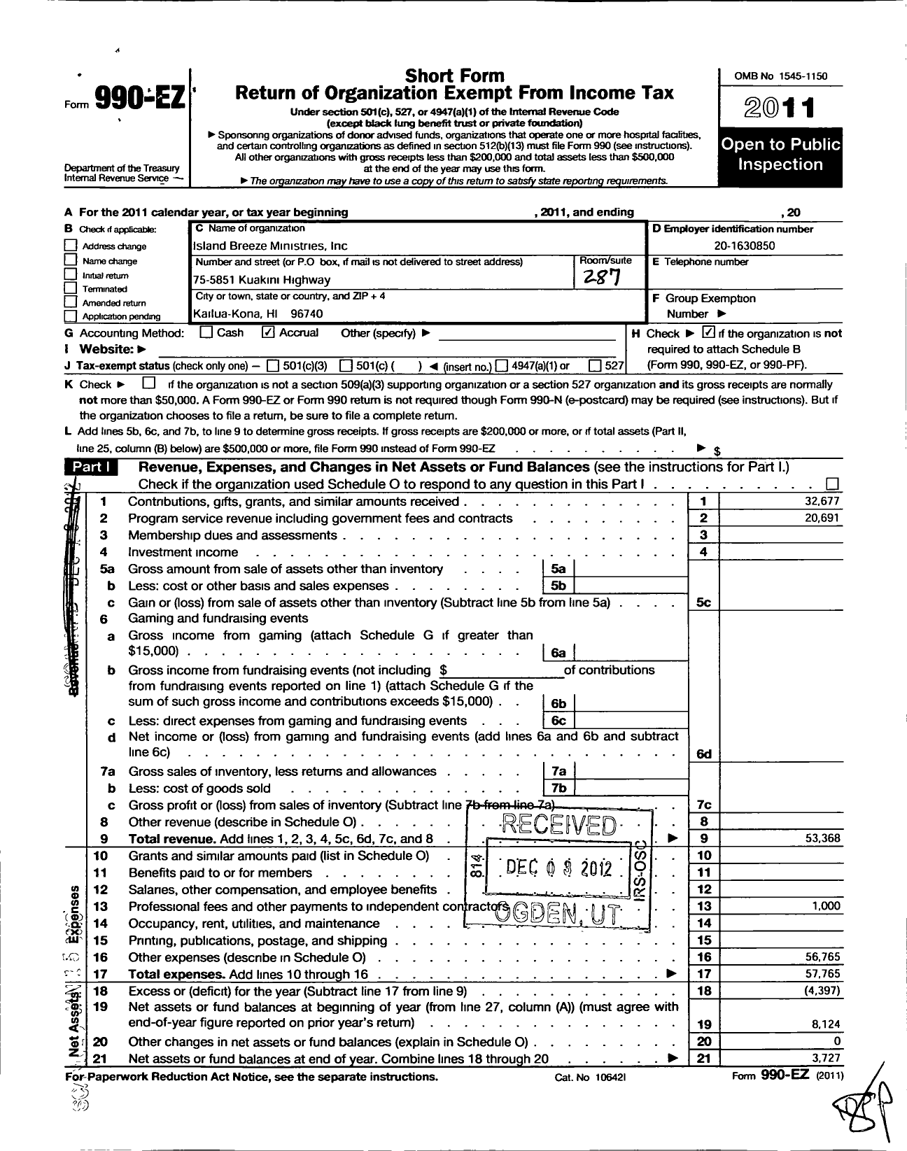 Image of first page of 2011 Form 990EO for Island Breeze Ministries