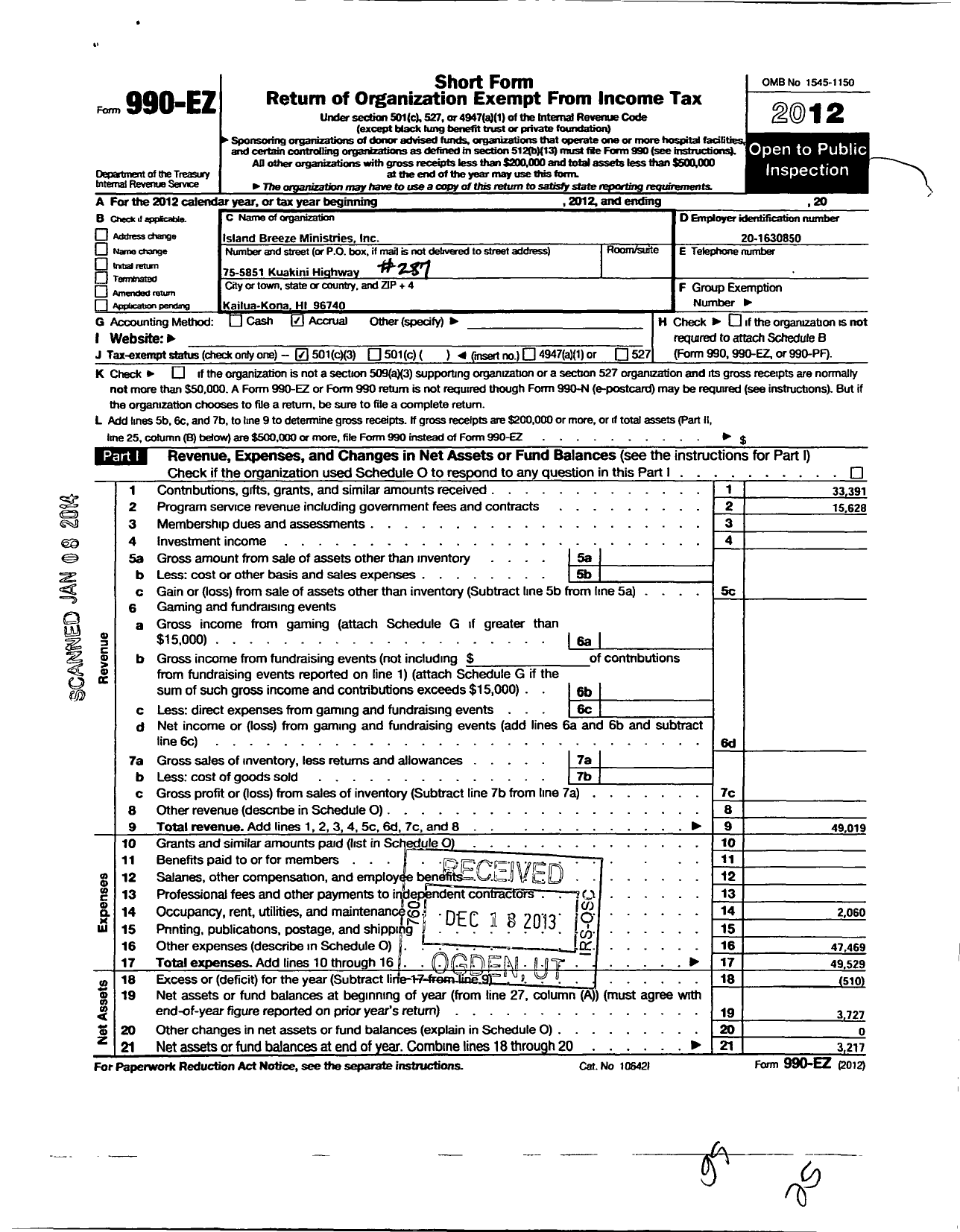 Image of first page of 2012 Form 990EZ for Island Breeze Ministries