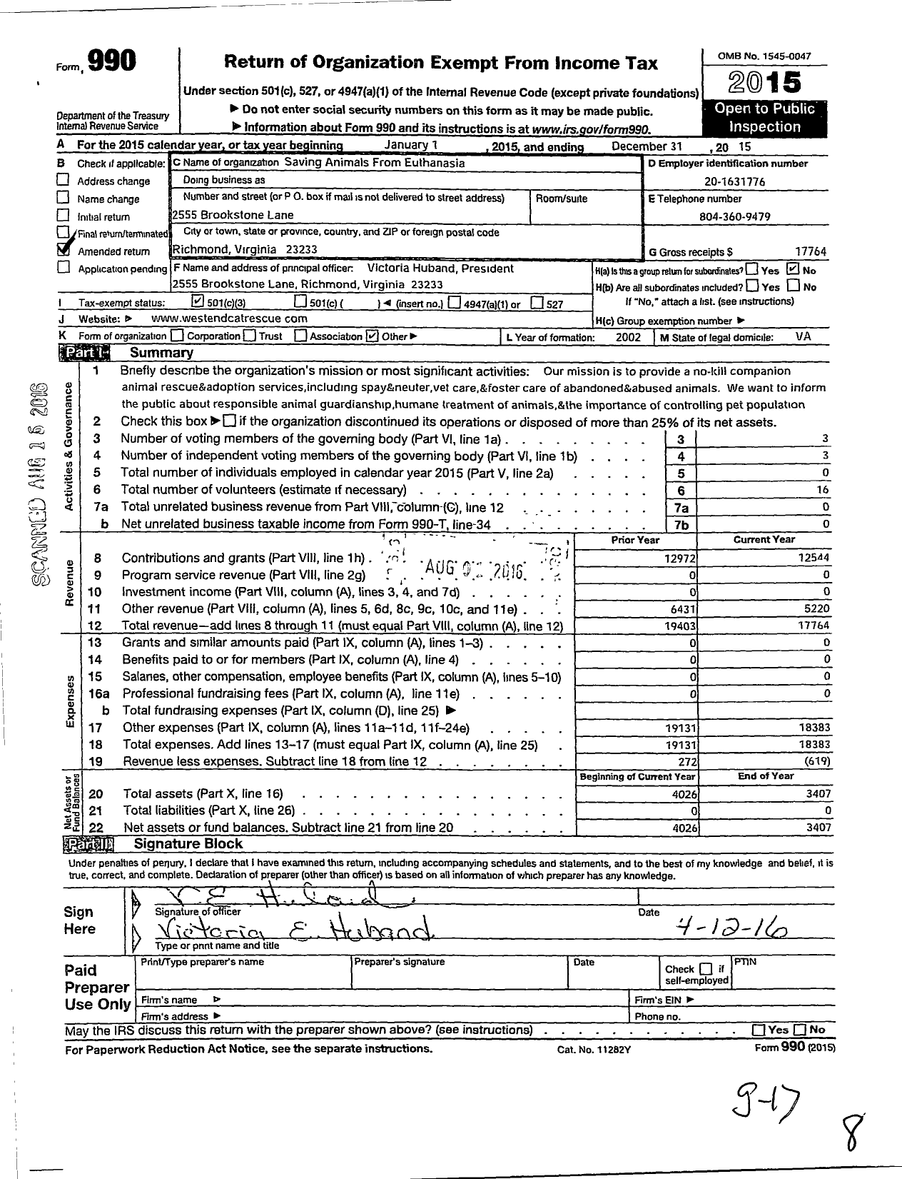 Image of first page of 2015 Form 990 for Saving Animals From Euthanisia (SAFE)