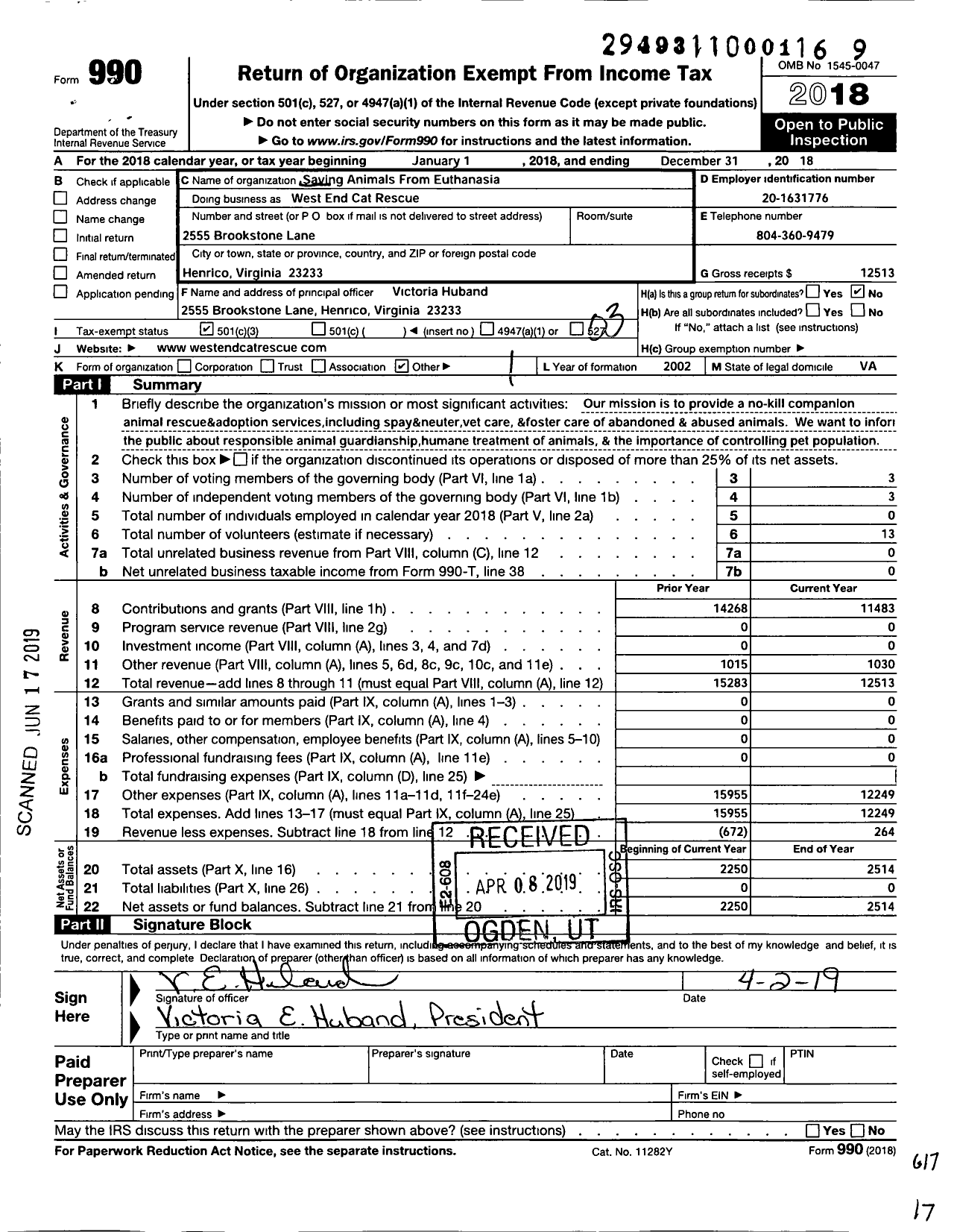 Image of first page of 2018 Form 990 for Saving Animals From Euthanisia (SAFE)