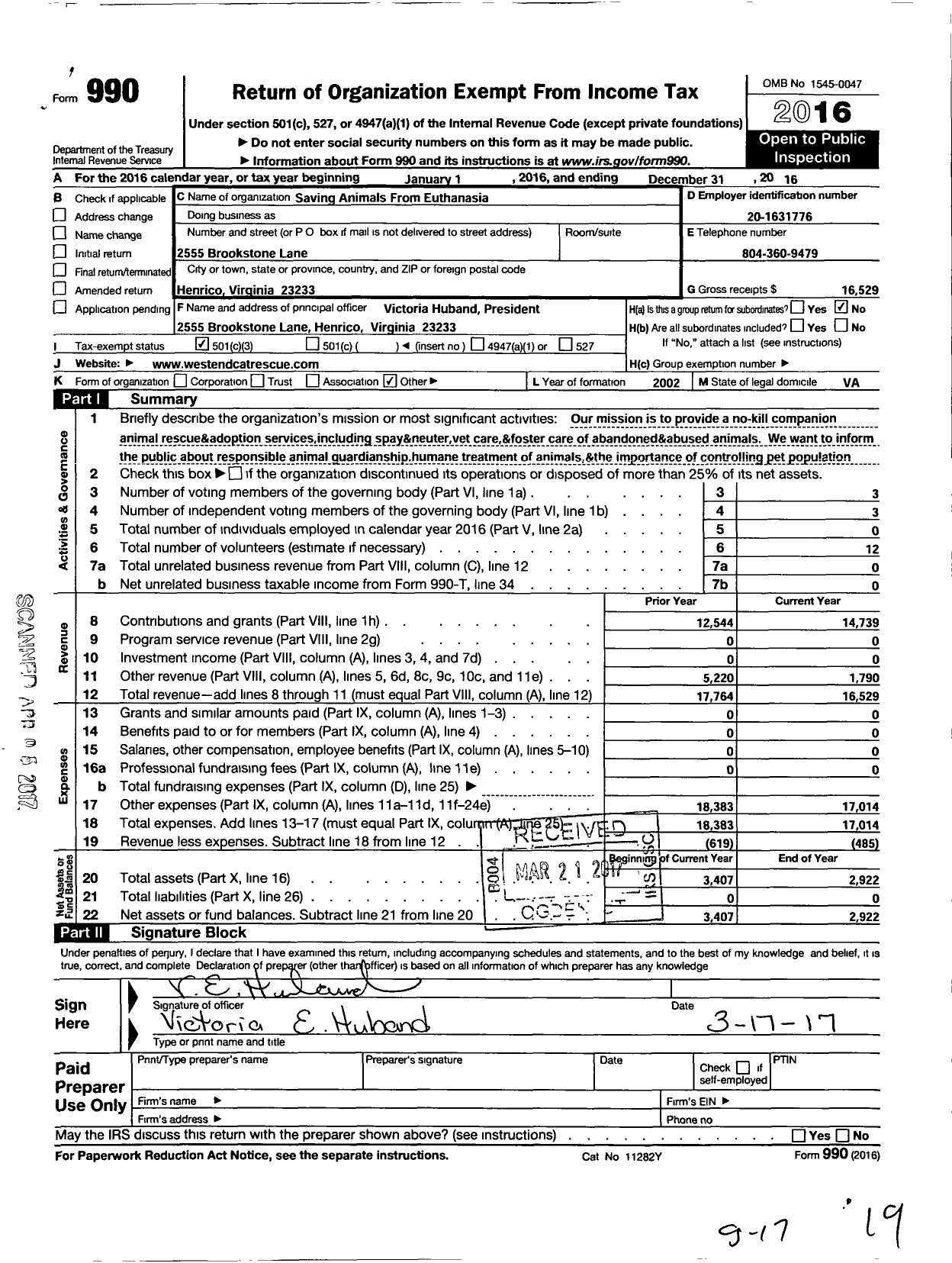 Image of first page of 2016 Form 990 for Saving Animals From Euthanisia (SAFE)