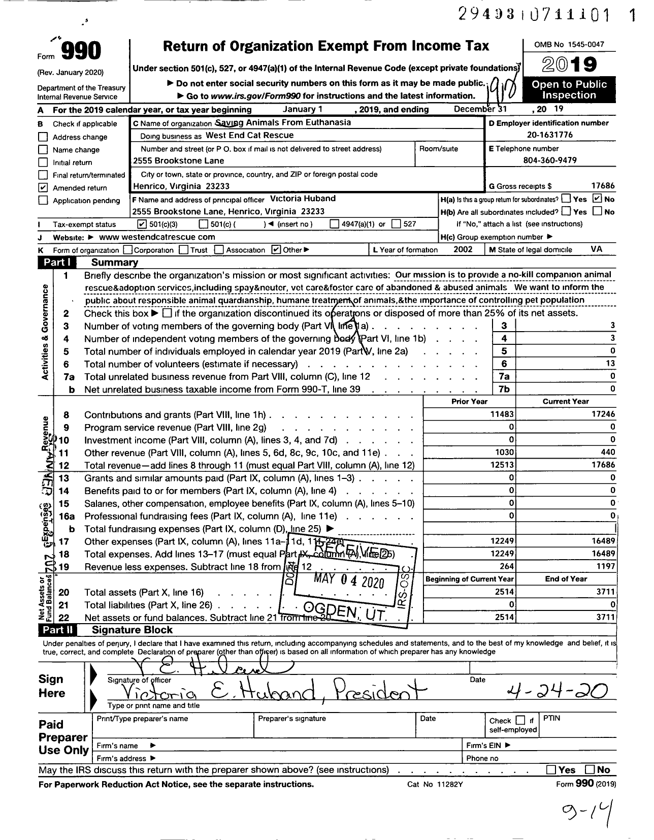 Image of first page of 2019 Form 990 for Saving Animals From Euthanisia (SAFE)