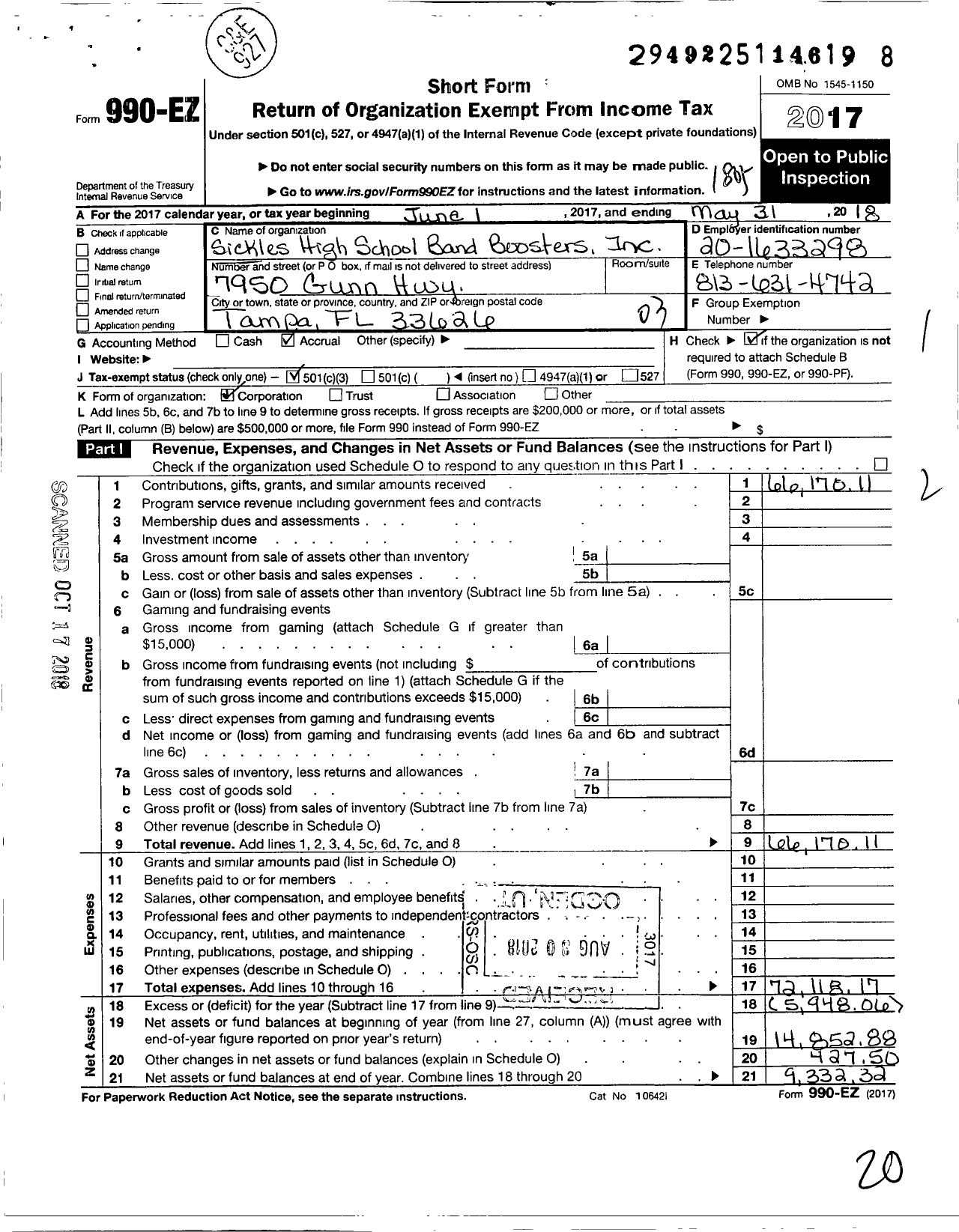 Image of first page of 2017 Form 990EZ for Sickles High School Band Boosters