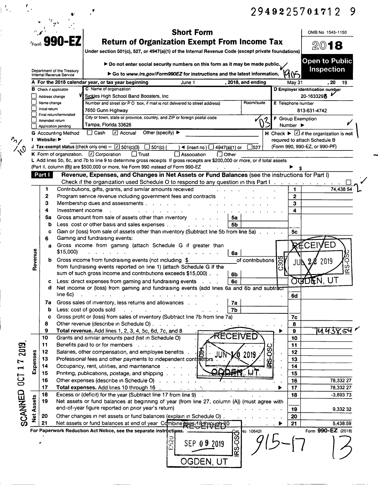 Image of first page of 2018 Form 990EZ for Sickles High School Band Boosters