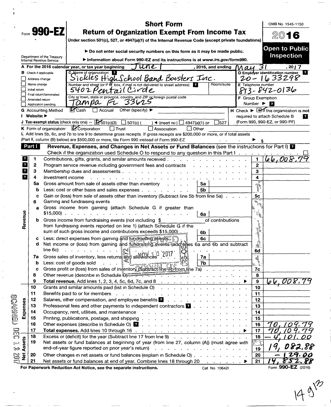 Image of first page of 2016 Form 990EZ for Sickles High School Band Boosters