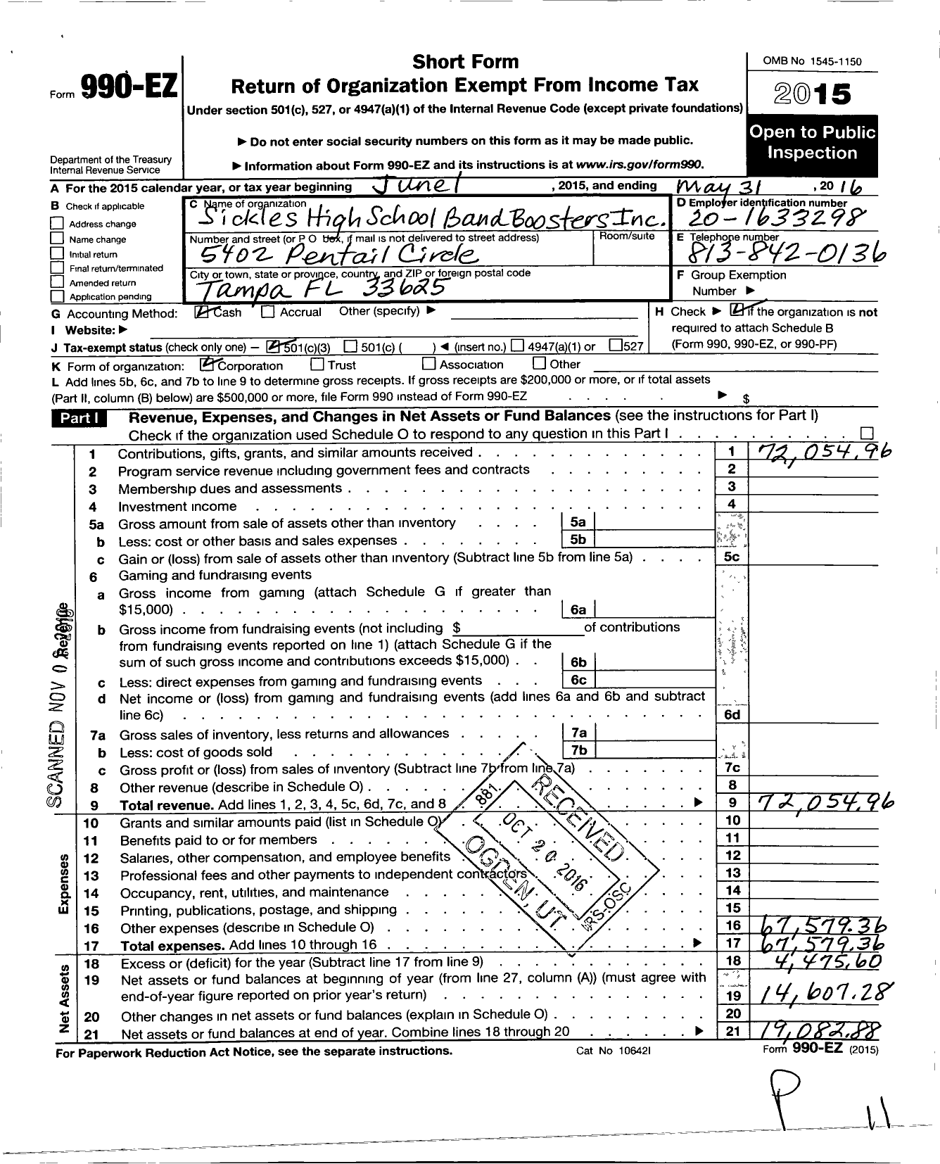 Image of first page of 2015 Form 990EZ for Sickles High School Band Boosters