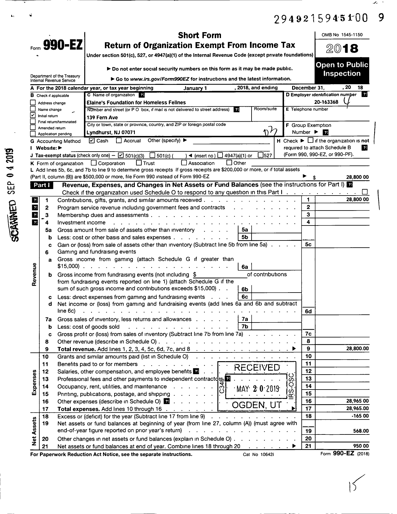 Image of first page of 2018 Form 990EZ for ELAINES FOUNDATION FOR HOMELESS FELINESe