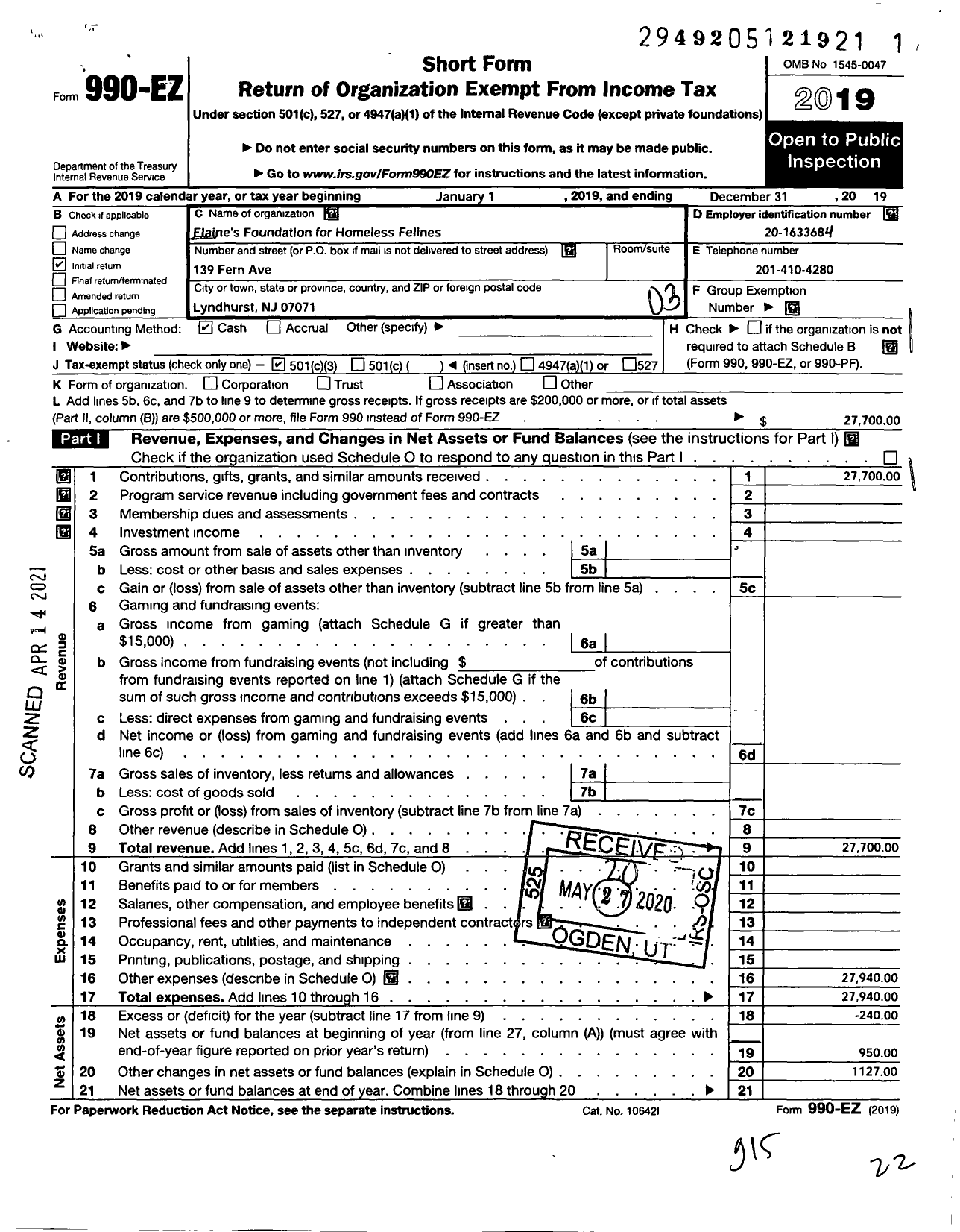 Image of first page of 2019 Form 990EZ for ELAINES FOUNDATION FOR HOMELESS FELINESe