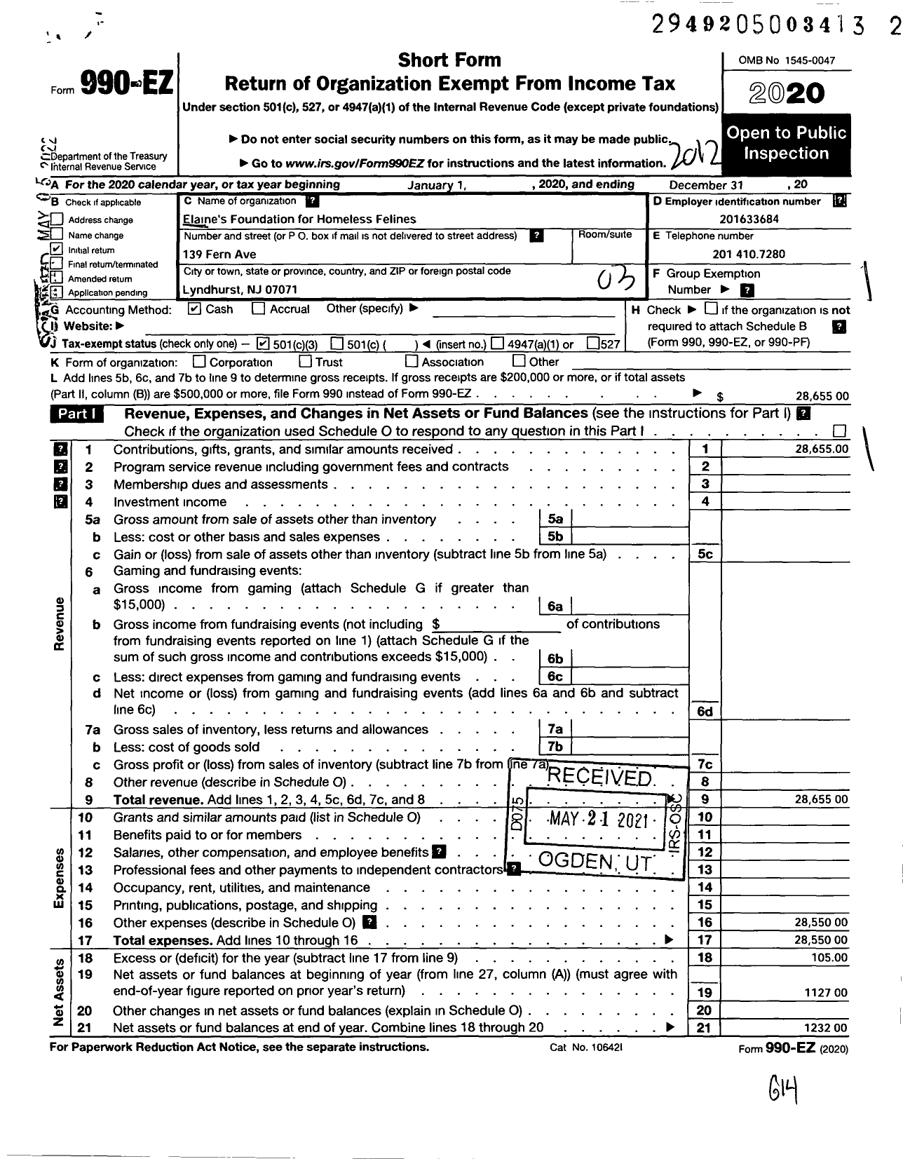 Image of first page of 2020 Form 990EZ for ELAINES FOUNDATION FOR HOMELESS FELINESe