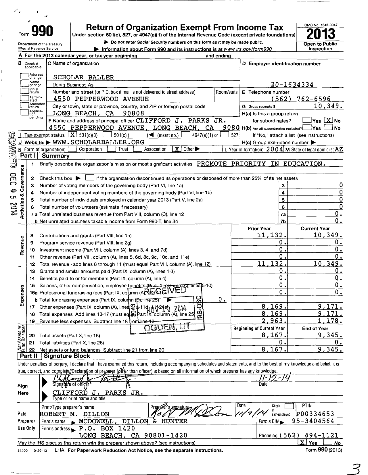 Image of first page of 2013 Form 990 for Scholar Baller