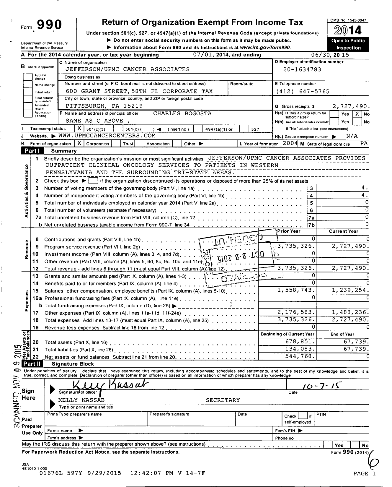 Image of first page of 2014 Form 990 for Jefferson Upmc Cancer Associates