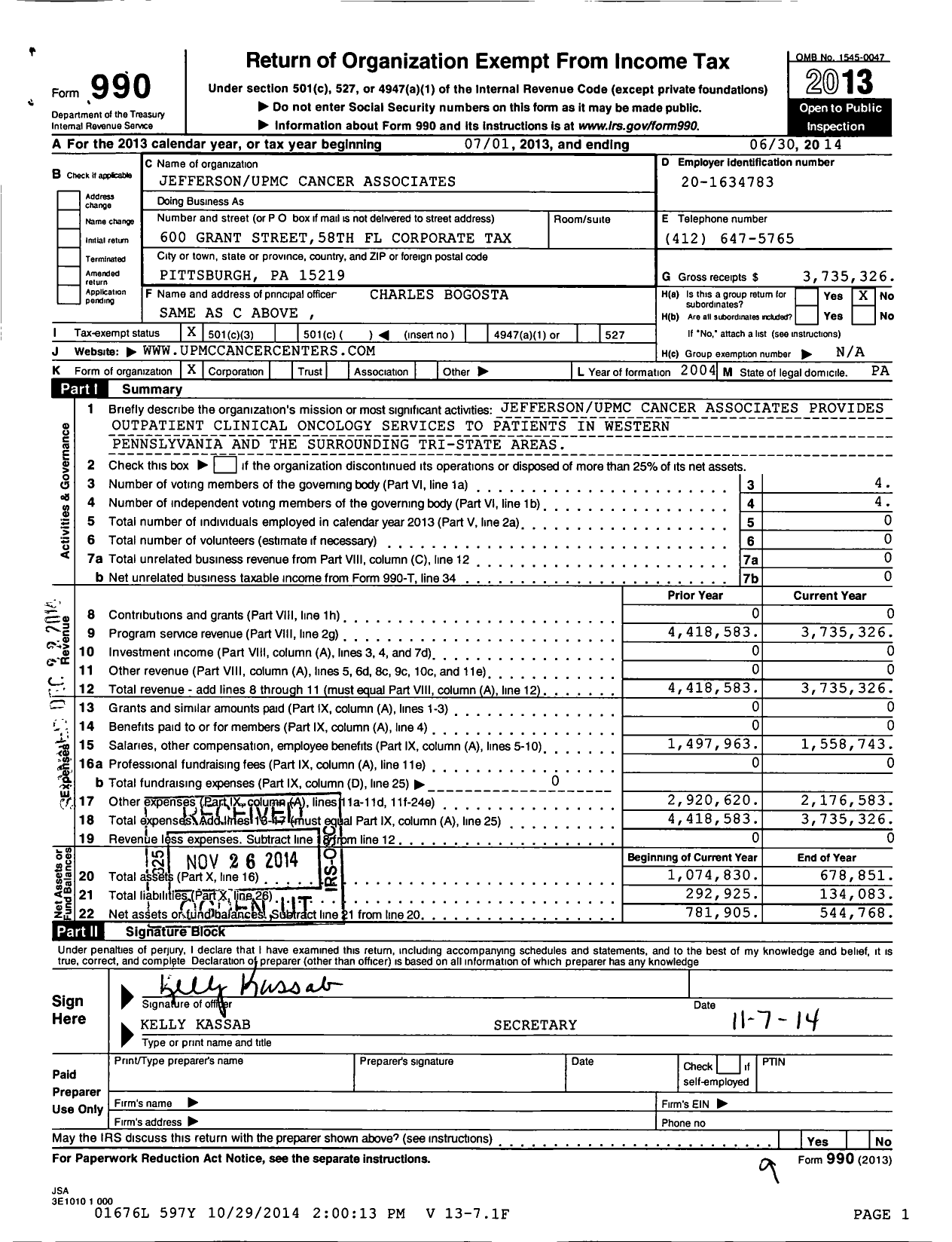 Image of first page of 2013 Form 990 for Jefferson Upmc Cancer Associates