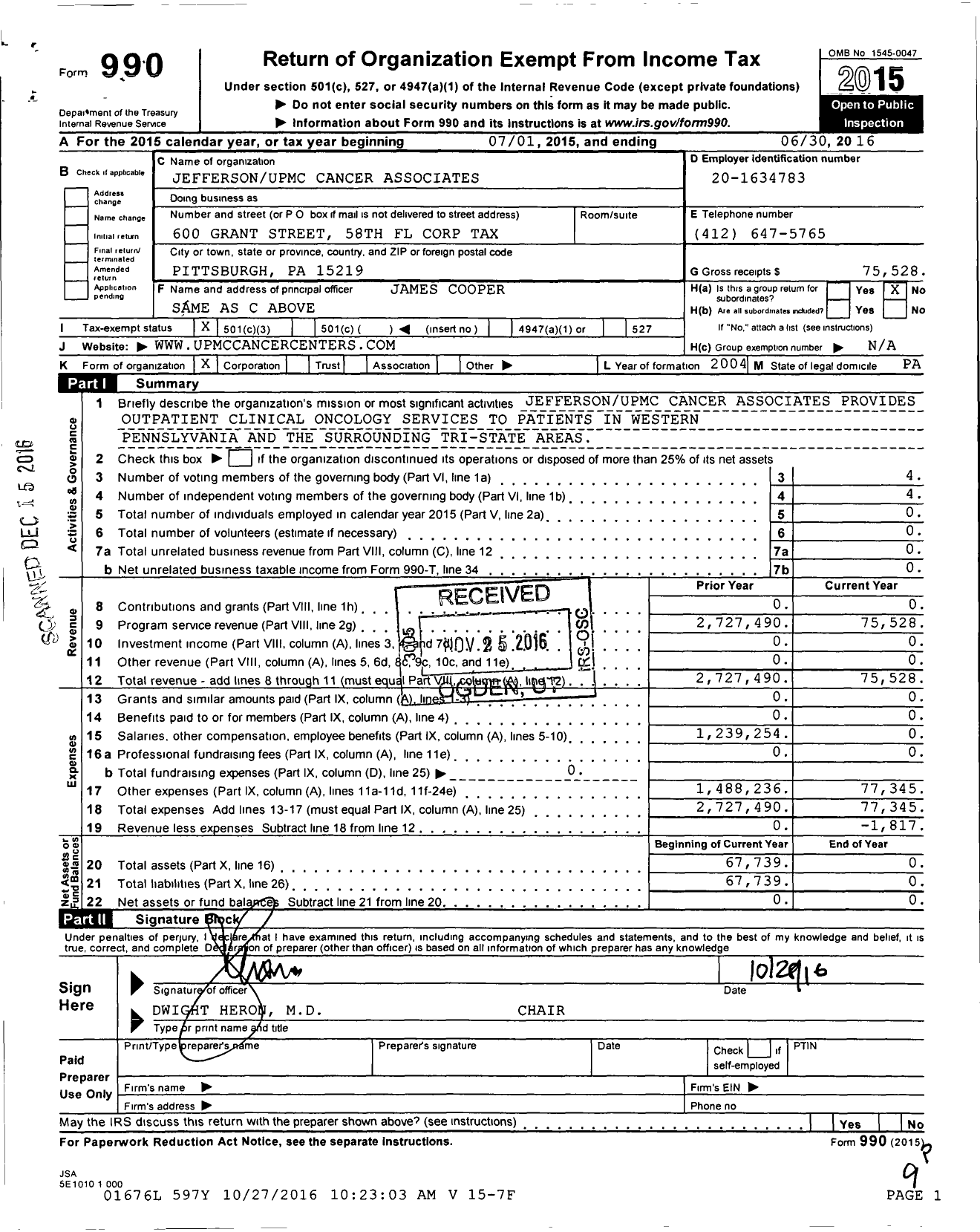 Image of first page of 2015 Form 990 for Jefferson Upmc Cancer Associates
