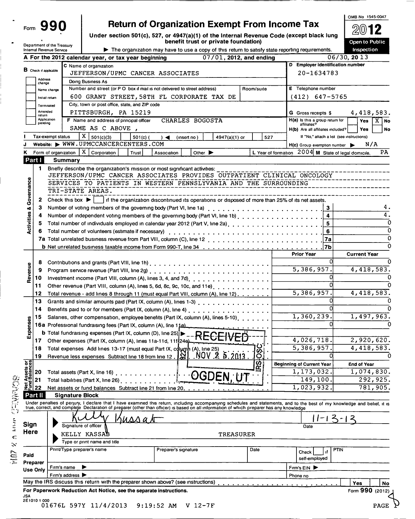 Image of first page of 2012 Form 990 for Jefferson Upmc Cancer Associates