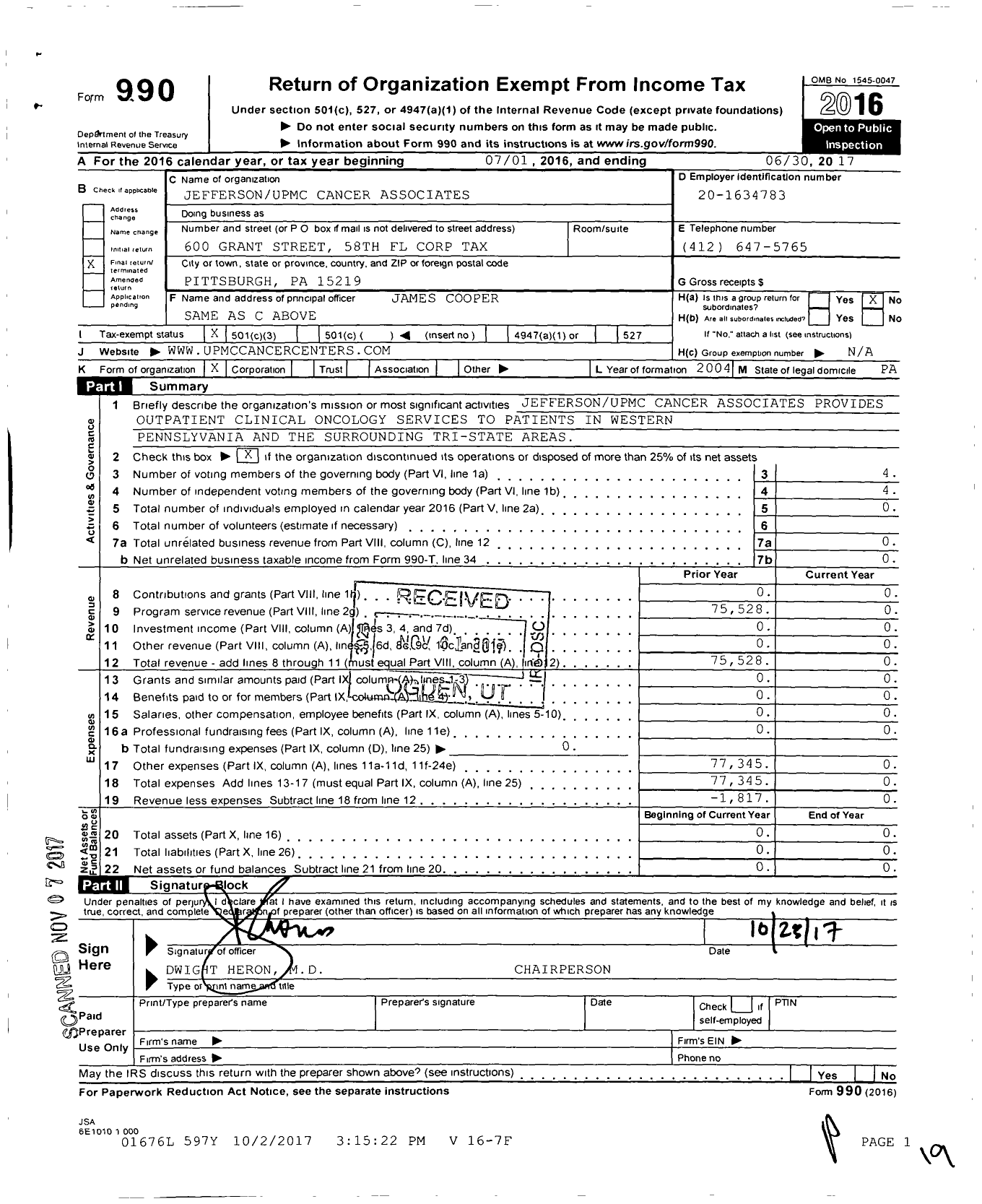 Image of first page of 2016 Form 990 for Jefferson Upmc Cancer Associates