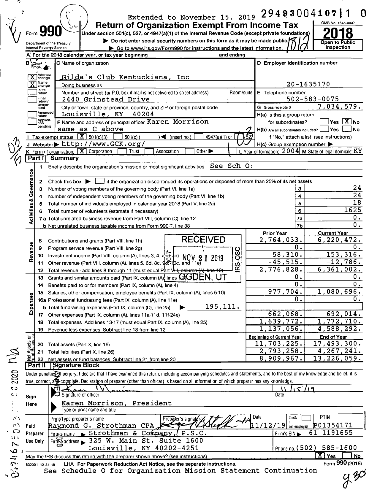 Image of first page of 2018 Form 990 for Gilda's Club Kentuckiana