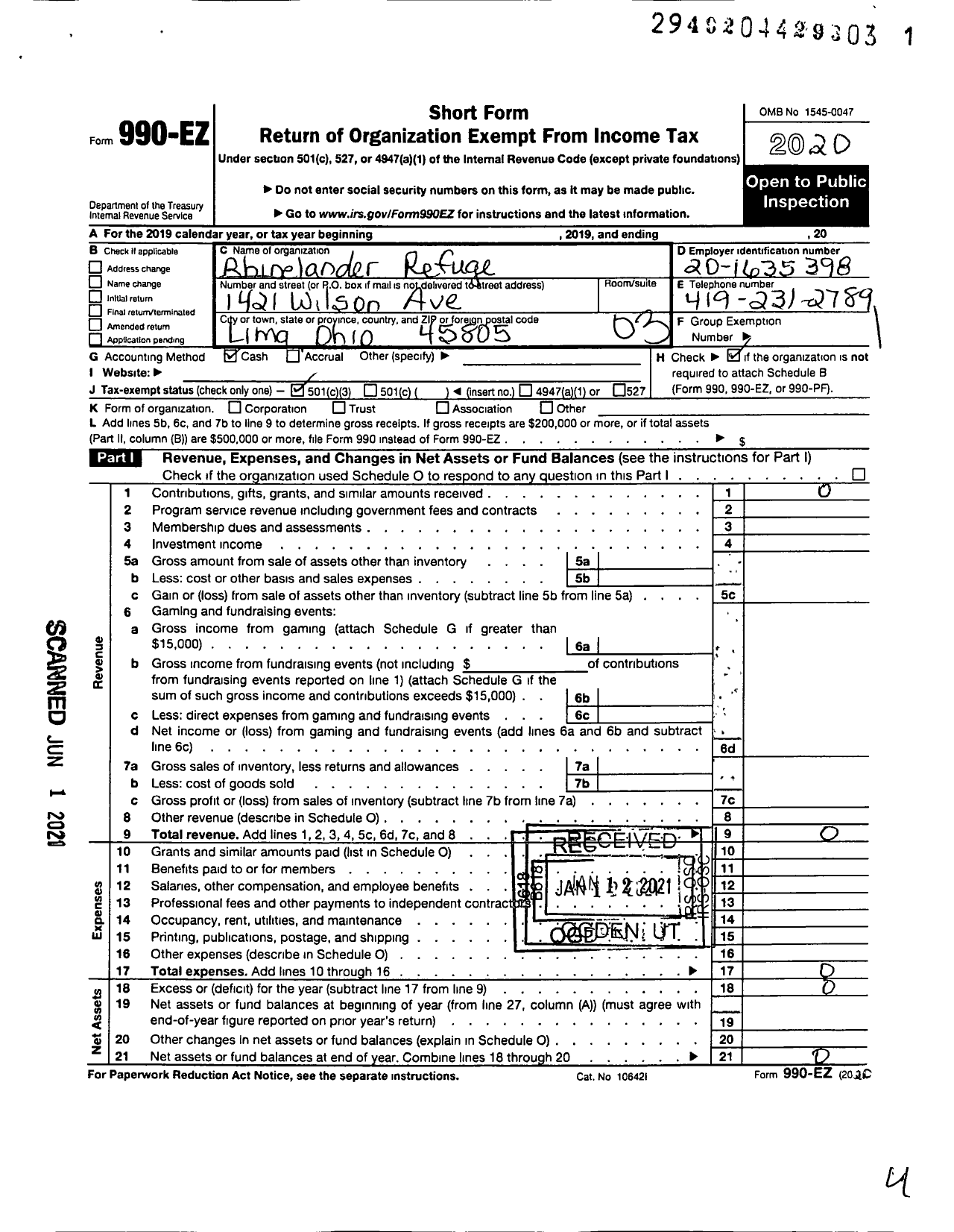 Image of first page of 2020 Form 990EZ for Rhinelander Refuge