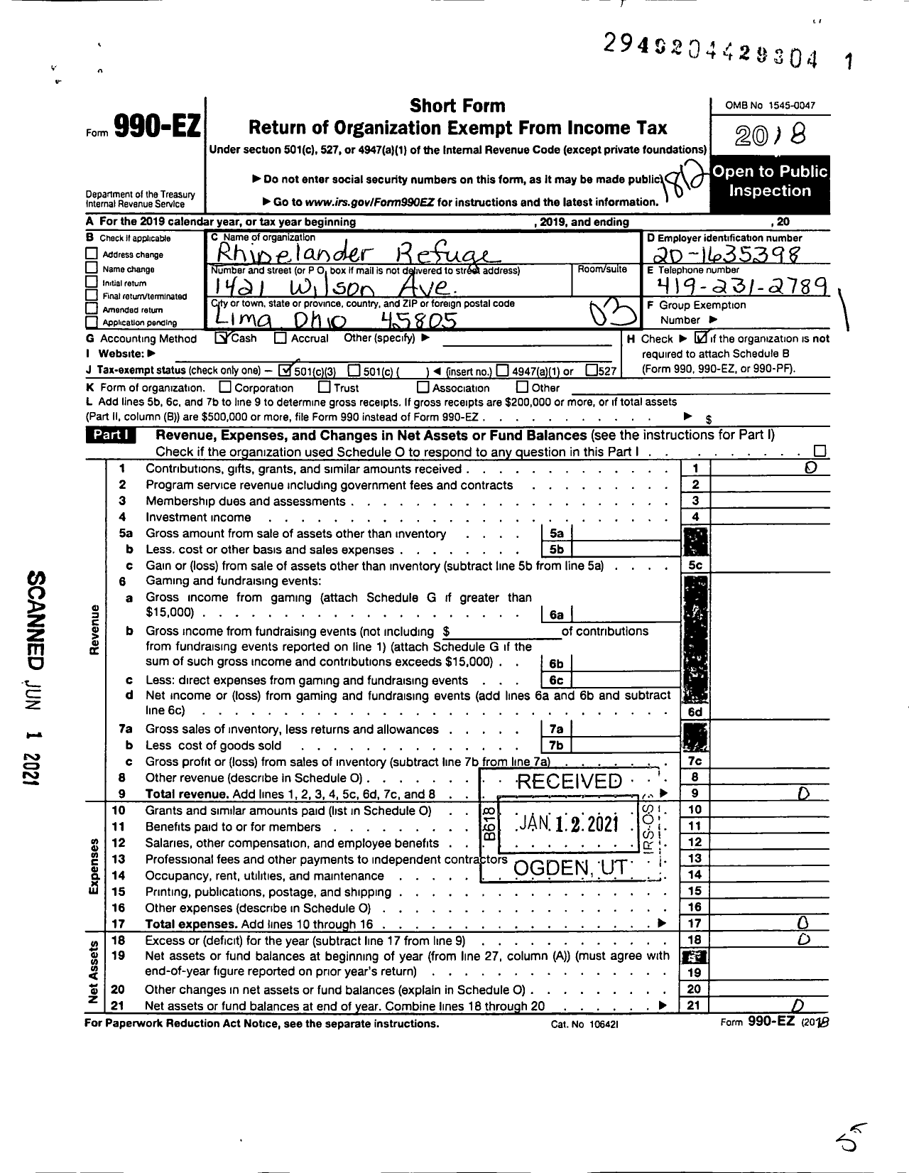 Image of first page of 2018 Form 990EZ for Rhinelander Refuge